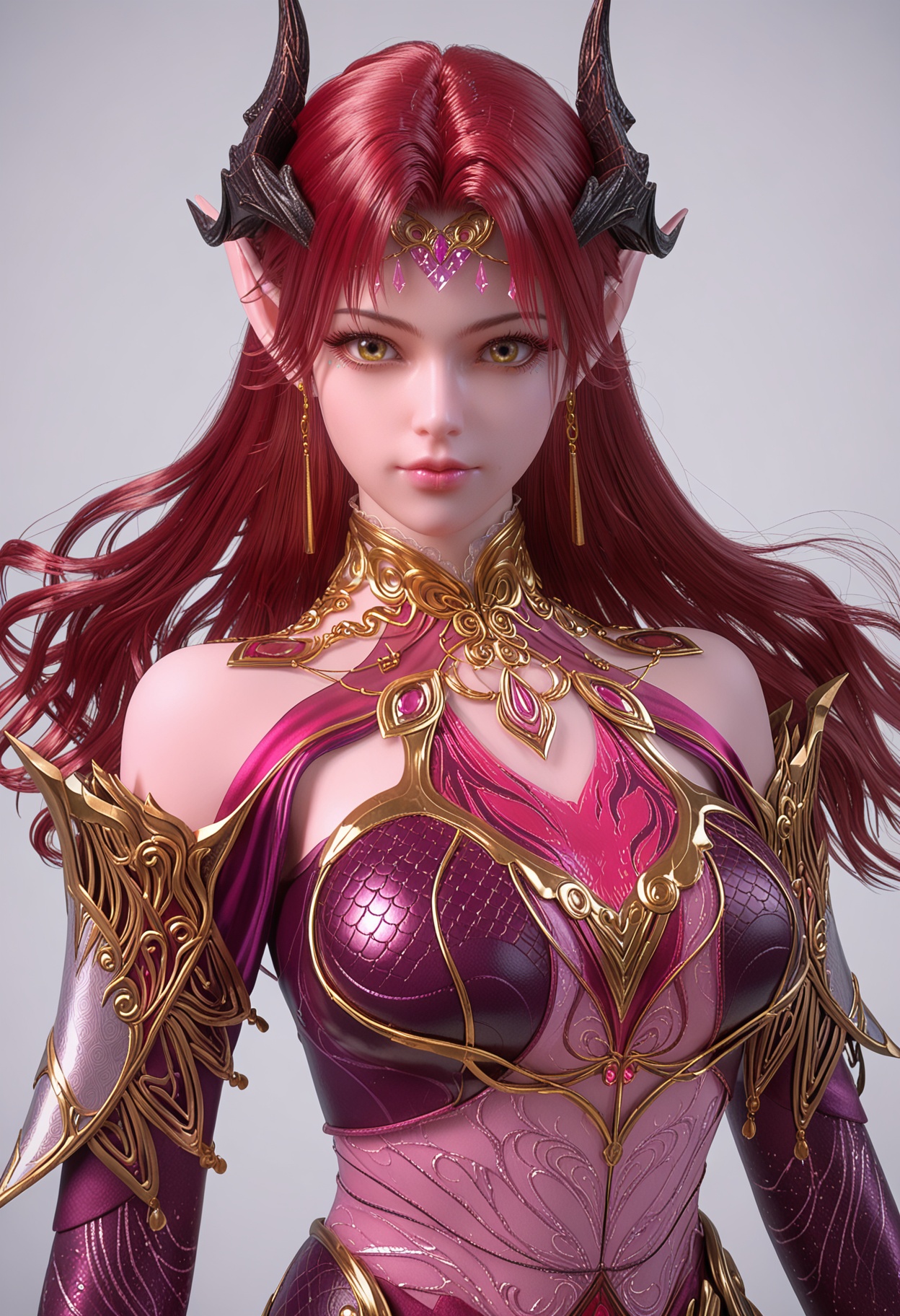 score_9,high detail,best quality,shiny skin,shiny,yaoyexun,1girl,solo,yellow eyes,red hair,long hair,jewelry,white background,pointy ears,horns,earrings,simple background,bare shoulders,breasts,dress,lips,closed mouth,armor,realistic,looking at viewer,cowboy shot,<lora:QQSponyyaoyexunV1:0.8>,<lora:Pony_DetailV2.0:0.8>,<lora:皮肤凹痕:0.1>,