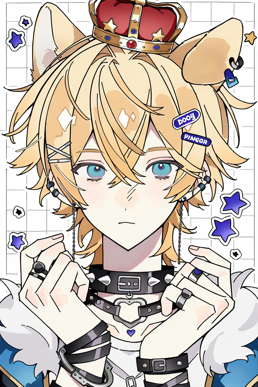 solo,, looking at viewer,, blue eyes,, blonde hair,, hair ornament,, 1boy,, animal ears,, jewelry,, male focus,, earrings,, star \(symbol\),, collar,, english text,, piercing,, ring,, crown,, pale skin,, dog ears,, spikes,, bishounen,, handcuffs,, spiked collar,, dog boy,, Negative prompt: ng_deepnegative_v1_75t,badhandv4,EasyNegative,worst quality,username,out of focus,bad proportions,watermark,cropped,signature,worstquality,grayscale,logo,text,blurry,low quality,bad anatomy,sketches,lowres,normal quality,monochrome,,nsfw, Steps: 29, Sampler: Euler a, CFG scale: 7.0, Seed: 1622434273, Size: 1024x1536, Model hash: e645ee1569, Model: Anime Model-Illustrious_v1.00.safetensors, Denoising strength: 0.0, RNG: CPU, Lora 1: 【ELK】Fire‘, Lora Hash 1: 4f3a21e23f, Lora Weight 1: 0.8, vae_name: automatic