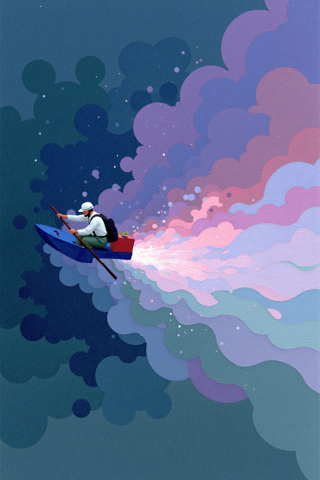 beijihui,a man in a white helmet, a white long-sleeved shirt, and green pants is rowing a blue kayak on a body of water. The kayak is floating on its side, and the man is holding a red box in his right hand. The man is wearing a black backpack on his back, and a white cap on his head. The background of the image is a deep blue, with a pink hue, adding a pop of color to the scene.