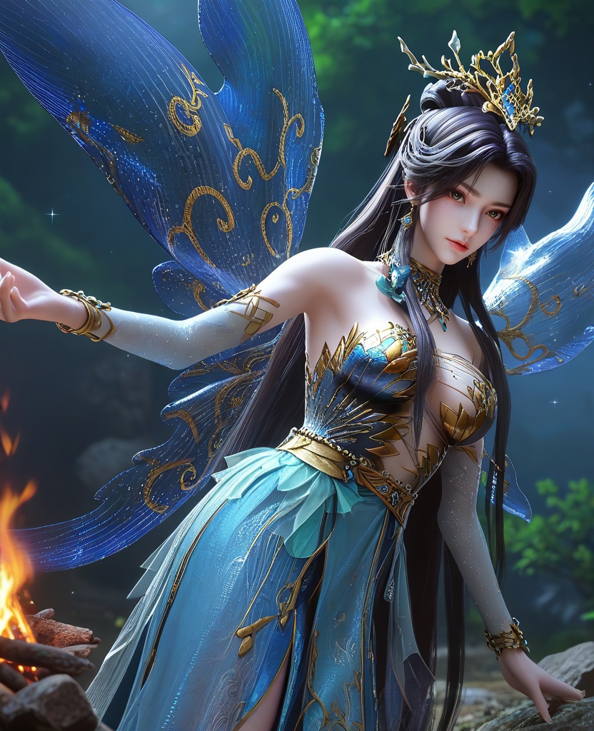 (dancing at a campfire party:1.1),(large breasts:1.2),<lora:XL16云深不知梦羲和罄水珠:0.95>,miss xihe,blue corset tiered gown,mole under left eye,black hair,traditional chinese updo with long front strands,absurdly long hair,hair ornament,jewelry,elbow gloves,fairy wings,bracelet,bare shoulders,sparkle,, score_9,score_8_up,score_7_up,score_6_up,score_5_up,score_4_up,3d rendering,tag1,tag2, Cinematic Lighting,backlighting,