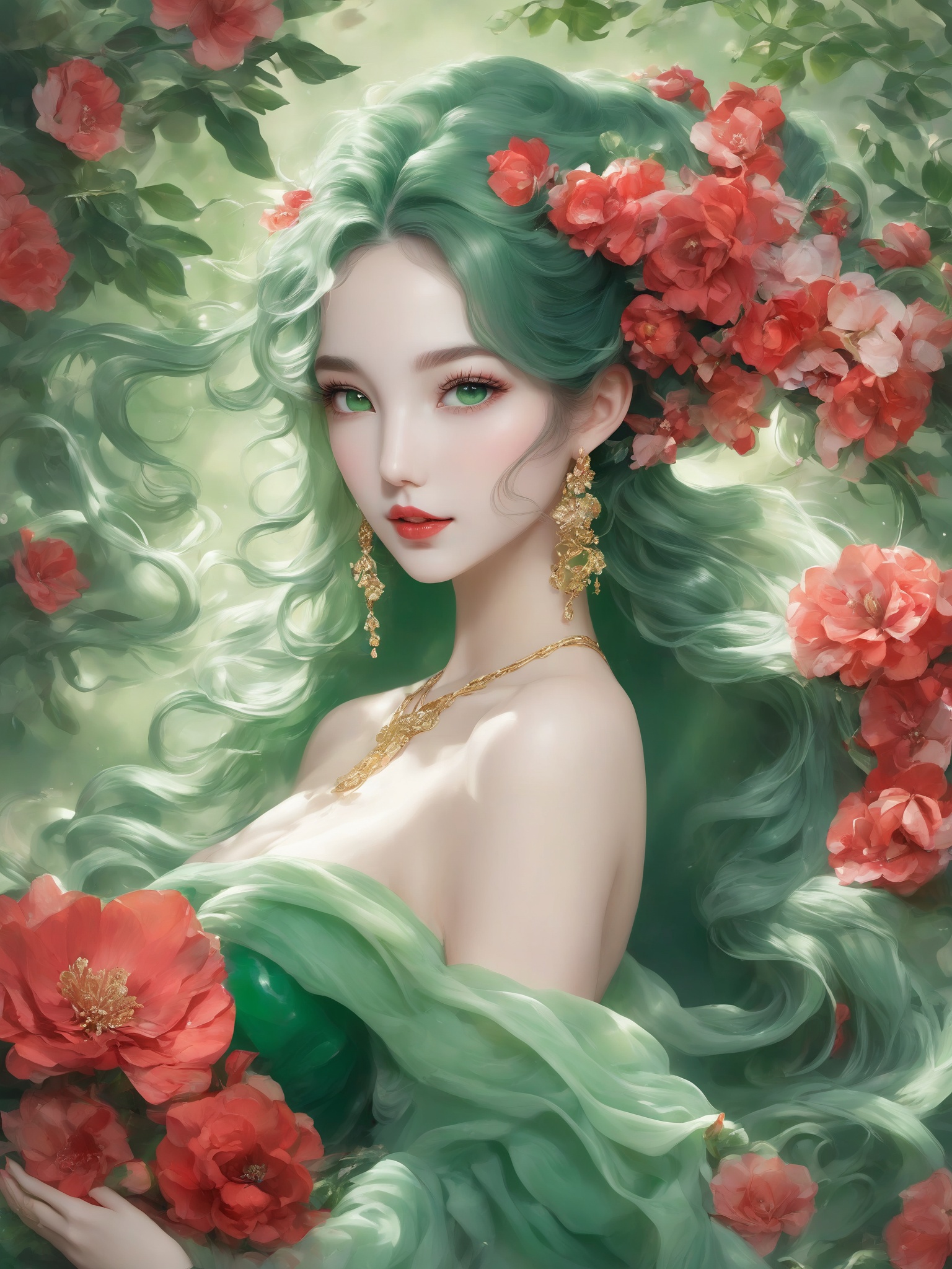 <lora:yudiao_xl-000001:0.7>,yudiao,1girl,solo,earrings,breasts,jewelry,flower,hair flower,hair ornament,long hair,green hair,bare shoulders,upper body,cleavage,green theme,dress,green dress,green eyes,red lips,medium breasts,collarbone,lips,makeup,