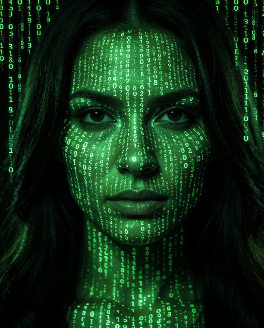 A close-up portrait of a woman's face where her features are composed entirely of cascading green digital code and binary...