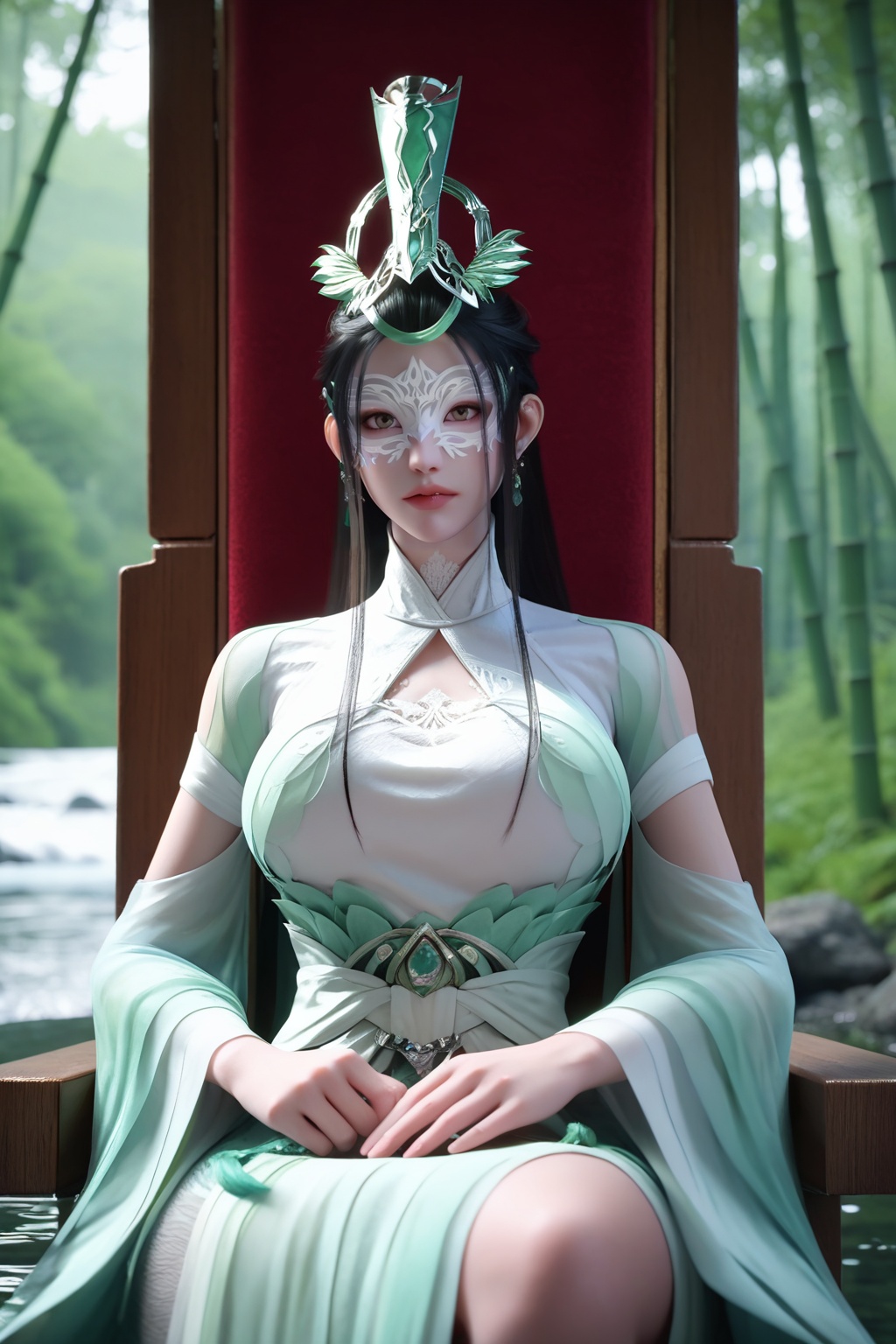 (Seated on a velvet throne, she dons a regal crown, exuding elegance and quiet power:1.2),<lora:XL16神国之上陆嫁嫁:0.85>,miss lujiajia,(domino mask:1.2),mint green chinese clothes of sheer chiffon,brown eyes,black hair,single hair bun with long front strands,very long hair,hair ornament,jewelry,sash,wide flowing sleeves,(large breasts:1.2),bamboo forest,water,river,stone,, score_9,score_8_up,score_7_up,score_6_up,score_5_up,score_4_up,3d rendering,tag1,tag2, Cinematic Lighting,backlighting,