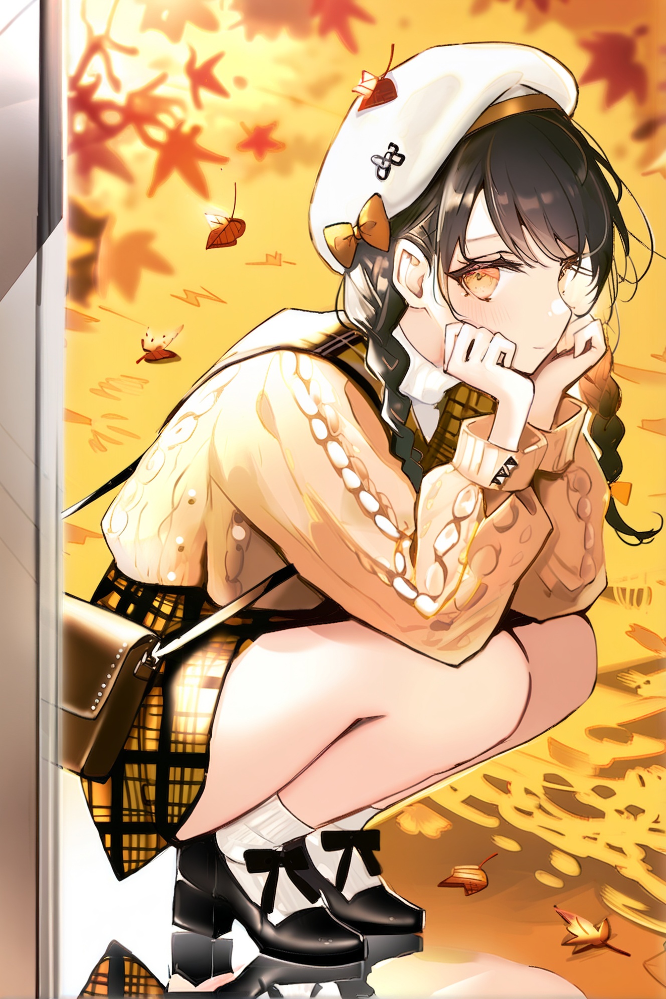 1girl, squatting, solo, skirt, hat, bag, beret, long sleeves, braid, autumn leaves, sweater, long hair, outdoors, twintails, leaf, black hair, black footwear, socks, plaid, shoulder bag, white headwear, hair bow, plaid skirt, looking at viewer, reflection, blush, bow, puffy sleeves