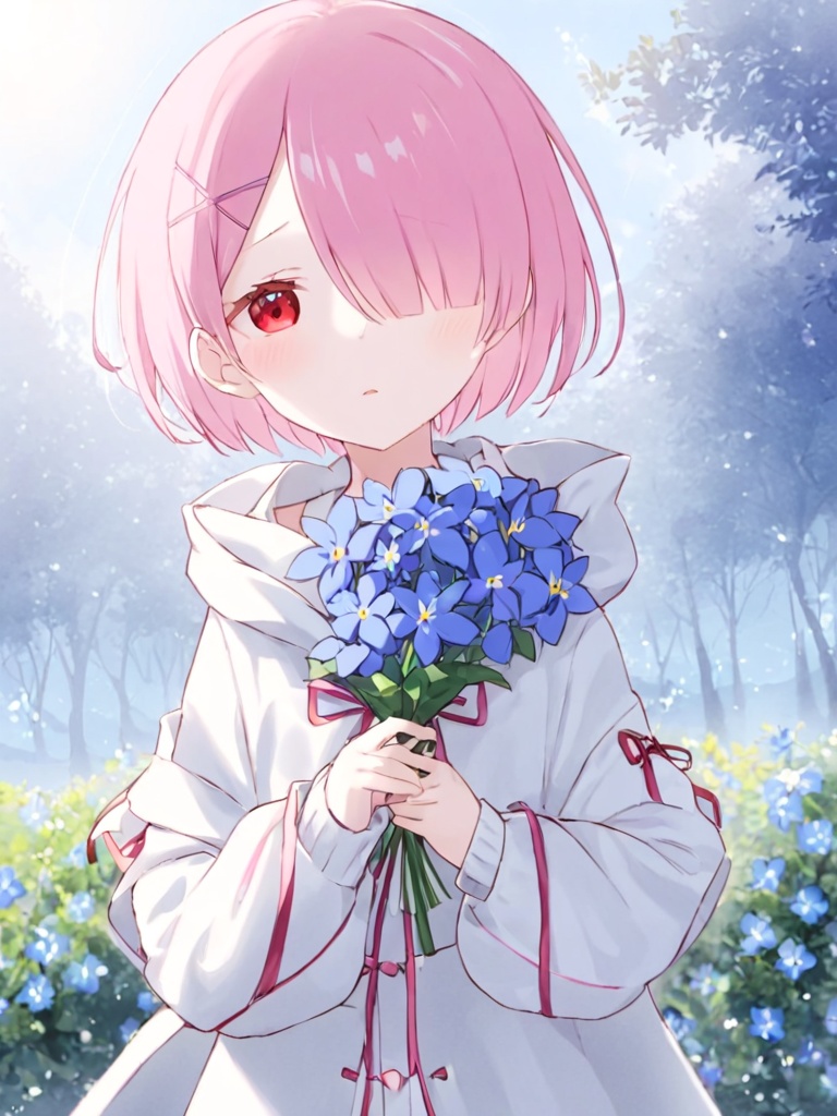 <lora:ram:1>,1girl, solo, outdoors, holding, flower, pink_hair, holding_flower, ram_\(re:zero\), ribbon, short_hair, day, red_eyes, shiny, neck_ribbon, standing, blue_flower, hood_up, hooded_coat, shiny_hair, long_sleeves, hood, looking_at_viewer, hair_ornament, hair_over_one_eye, closed_mouth, frown, white_coat, pink_ribbon