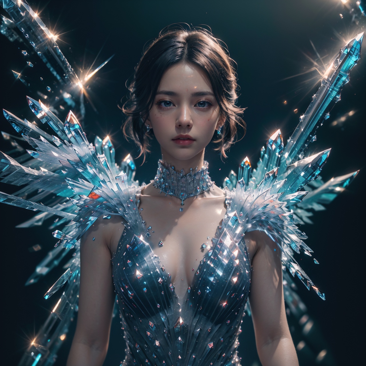 (best quality:1.4),(masterpiece:1.4),(photorealistic:1.4),(Realistic:1.2),(ultra high res, raw photo:1.4),(hdr, hyperdetailed:1.2),(8K:1.2),(1girl:1.2),(upper body:1.4),highly detailed,sharp focus,dynamic lighting,vivid colors,texture detail,particle effects,(black long straight hair:1.2),(white crystalz:1.5),(crystalz dress:1.4),(crystalz wing:1.5),<lora:Again_Crystalz:1>,