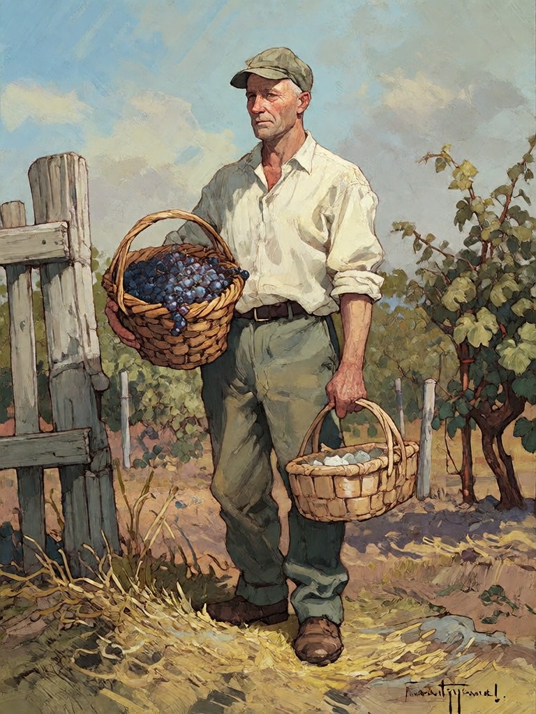 Bradhamel art style. A realistic painting of a weathered,  middle-aged Caucasian man in a cap and work clothes standing be...