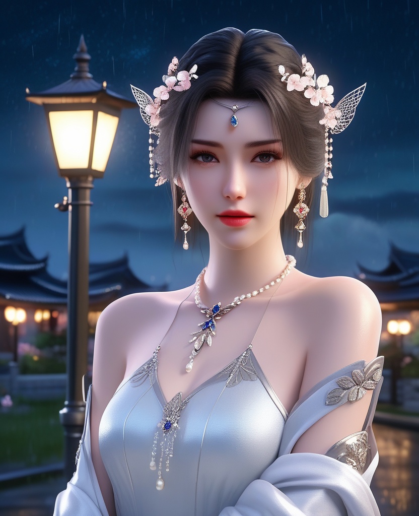 <lora:604-DA-XL-星辰变-姜立V2-新衣:0.8>(,1girl, ,best quality, ),looking at viewer, ,ultra detailed 8k cg, ultra detailed background,  ultra realistic 8k cg,          cinematic lighting, cinematic bloom, (( , )),,  , unreal, science fiction,  luxury, jewelry, diamond, pearl, gem, sapphire, ruby, emerald, intricate detail, delicate pattern, charming, alluring, seductive, erotic, enchanting, hair ornament, necklace, earrings, bracelet, armlet,halo,masterpiece, (( , )),,  ,cherry blossoms,(((, night,night sky,lamppost,  ultra high res, (photorealistic:1.4), raw photo, 1girl, , rain, sweat, ,wet, )))(( , ))   (cleavage), (),