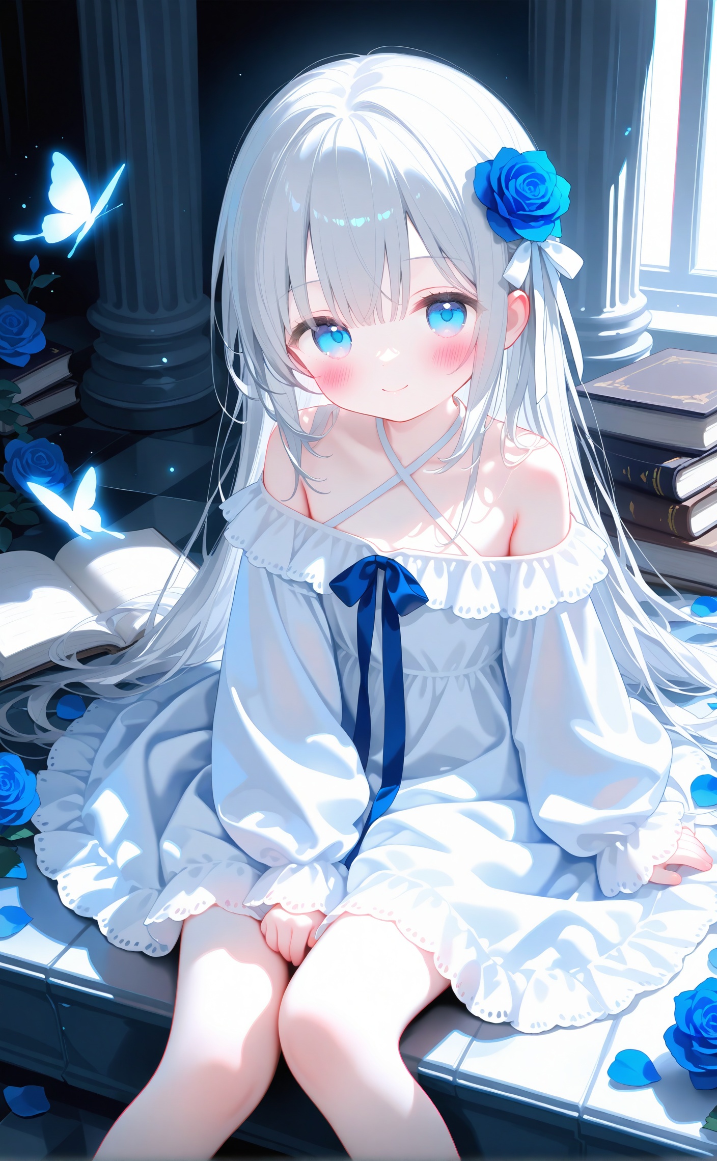 masterpiece,very aware,highres,absurdres,newest,best quality,loli,petite,high quality,chromatic_aberration,//1girl,book,flower,solo,butterfly,hair flower,blue eyes,hair ornament,long hair,dress,smile,bug,looking at viewer,white hair,white dress,rose,blush,blue flower,closed mouth,very long hair,off shoulder,petals,sitting,criss-cross halter,long sleeves,blue rose,bare shoulders,off-shoulder dress,halterneck,white ribbon,book stack,pillar,open book,puffy sleeves,ribbon,on floor,sleeves past wrists,puffy long sleeves,frills,collarbone,hair ribbon,frilled dress,blue butterfly,aged down,tiles,feet out of frame,indoors,tile floor,glowing butterfly,white butterfly,hand between legs,child,grey hair,between legs,