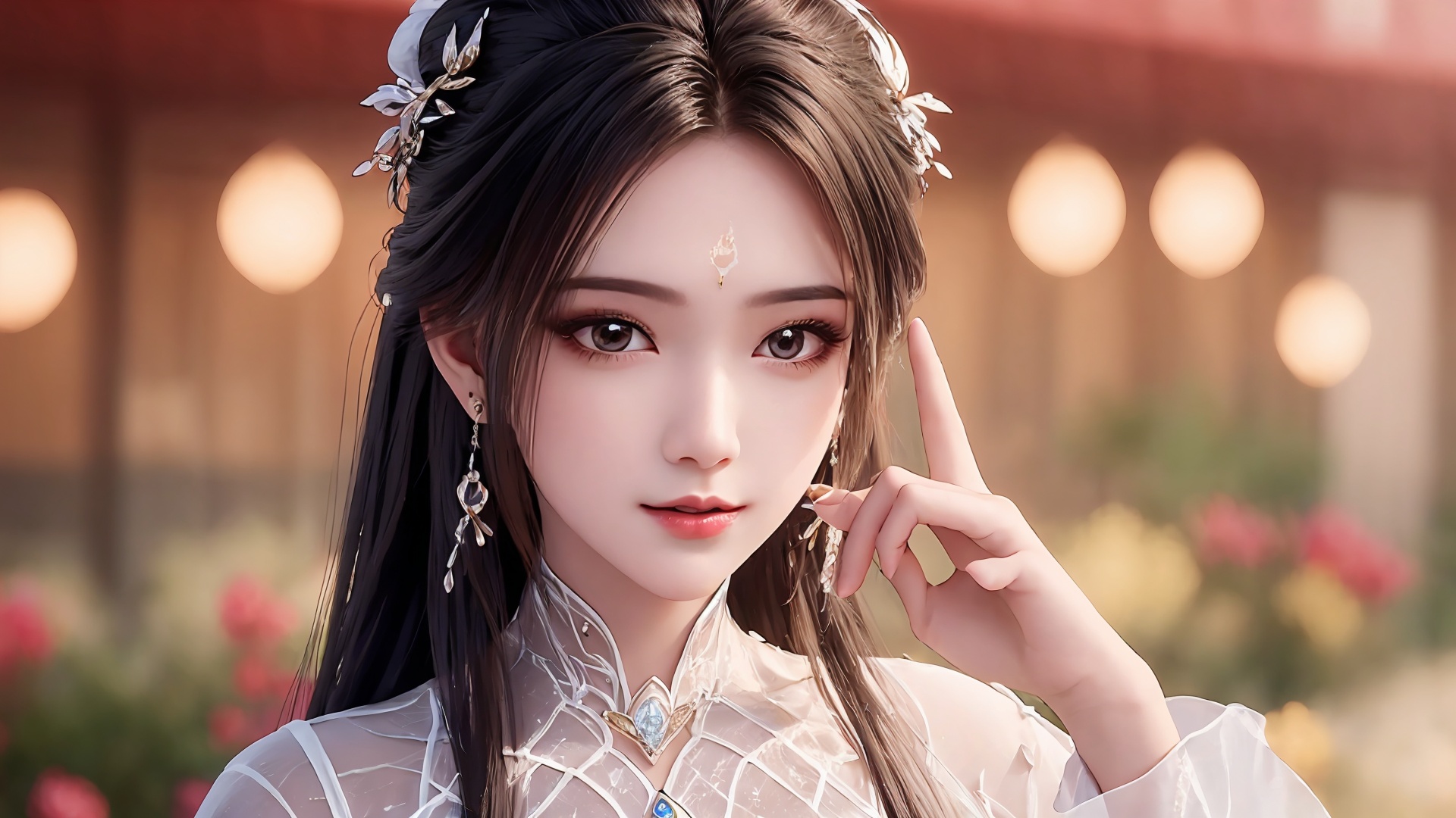 1girl,hair ornament,long hair,forehead mark,solo,black hair,facial mark,upper body,index finger raised,dress,looking at viewer,jewelry,white dress,hair bun,blurry background,<lora:girl solo luxueqi_20240911015355:0.7>,<lora:【面部细节优化】拒绝一眼Ai暖白美颜滤镜-冷白皮美颜去油腻_v1.0:0.6>,