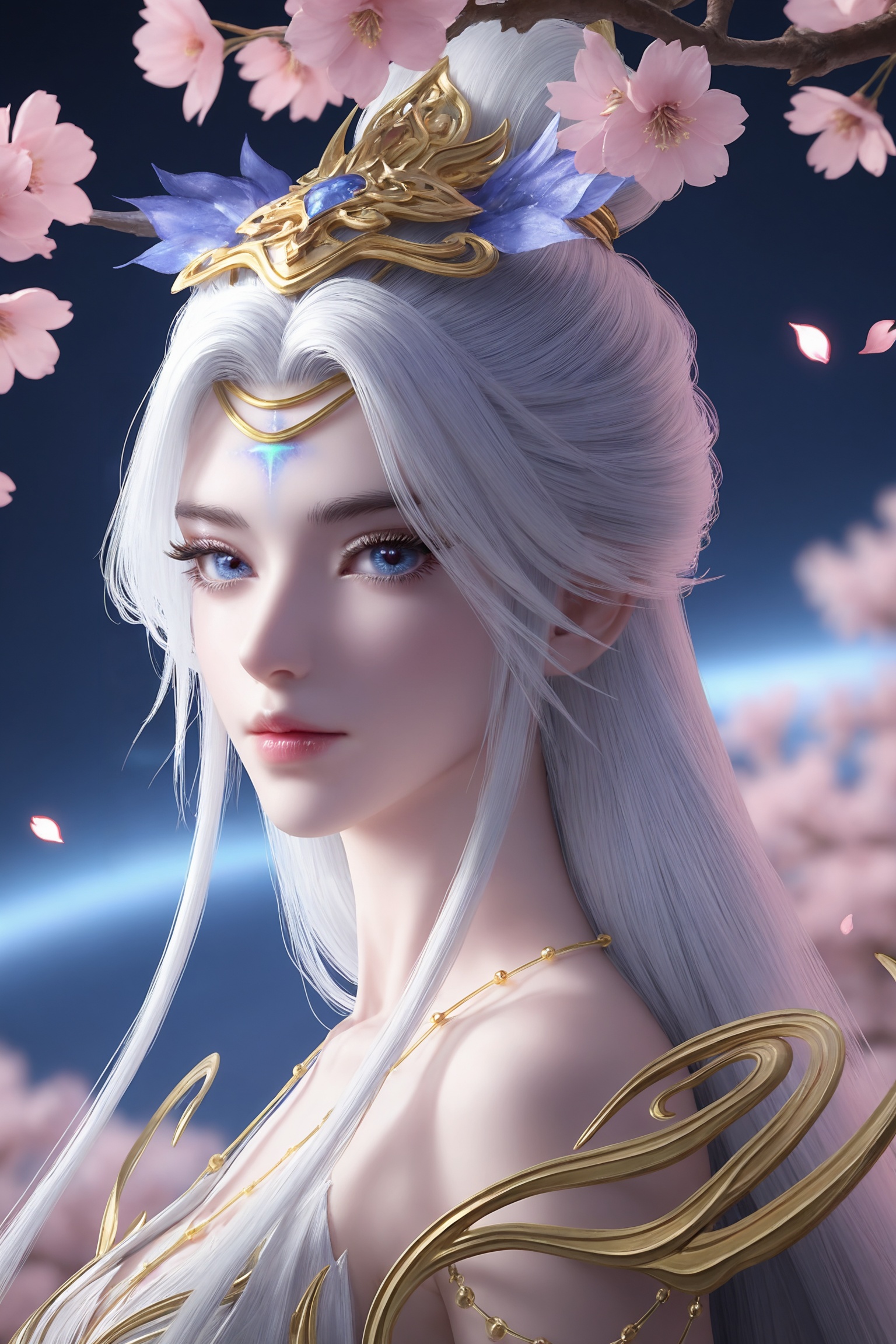 photo realistic,masterpiece,best quality,soft glow,skin texture,masterpiece,best quality,solo,1girl,upper body,petals,looking at viewer,moon,branch,cherry blossoms,flower,extreme aesthetic,(quasarcake:0.7),masterpiece,best quality,good quality,newest,very aesthetic,absurdres,A shot with tension,(Visual impact,giving the poster a dynamic and visually striking appearance:1.2),impactful picture,offcial art,colorful,splash of color,movie perspective,<lora:完美-莫仙-ILL:0.7>,long,flowing white hair,blue and gold headpiece,ornate,sleeveless outfit in shades of white and blue,with intricate patterns and designs,