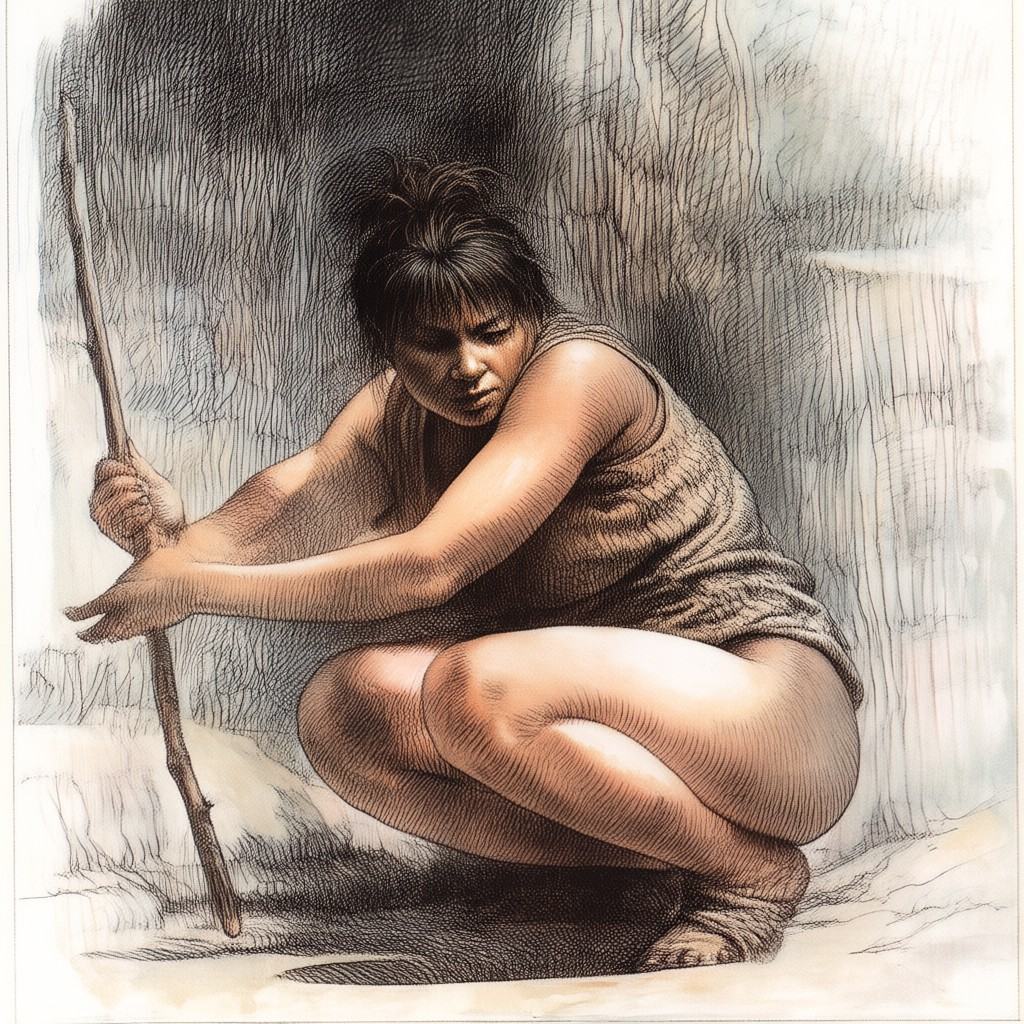A crouching woman holding a stick on Tensor.Art