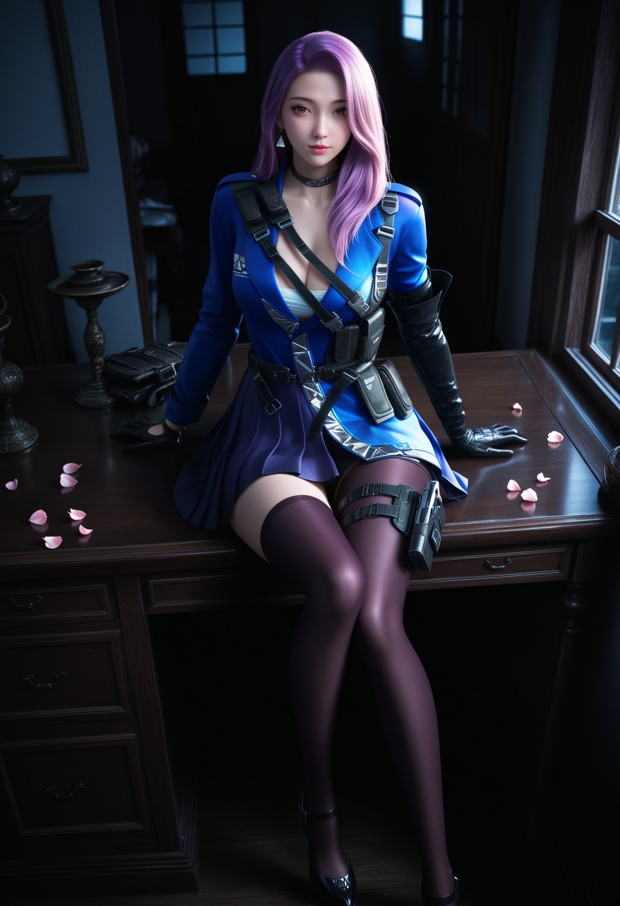 masterpiece,best quality,amazing quality,very aesthetic,high resolution,ultra-detailed,absurdres,scenery,photorealistic,(looking at viewer:1.1),upper body,(Dark room:1.3),(moody lighting:1.1),peach blossom,falling petals,(large breasts:0.8),yunyouyou,1girl,solo,long hair,gloves,pink hair,choker,belt,black gloves,jewelry,earrings,brown eyes,thighhighs,jacket,skirt,holster,blue jacket,purple hair,single thighhigh,high heels BREAK photorealistic details,<lora:QQSillyunyouyoubwV1:0.9>,