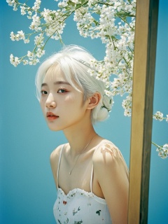 HDR photo of Sea level, there is a door, A Korean girl with white hair ,A Korean girl with white hair,Several small flowers adorned on a light blue background,24 mm film stil shot on Kodachrome capturing a beautiful Caucasian 18-year-old girl stood with a mirror in her arms, reflecting her face and surrounded by flowers,Bright and cheerful lighting, with the sun casting a warm glow on the subject's faces. Joyful, convivial energy. A warm and loving moment.50mm, . High dynamic range, vivid, rich details, clear shadows and highlights, realistic, intense, enhanced contrast, highly detailed