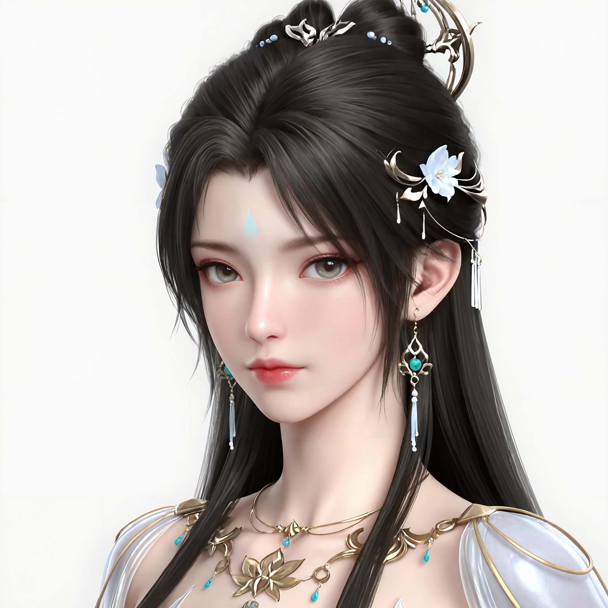 masterpiece,high quality,tall,game cg,highres,(soft light:1.2),white_skin,(shiny_skin:0.6),(realistic:1.1),lvjing,<lora:清漪:0.6>,qingyi,1girl,solo,earrings,jewelry,hair ornament,hair_bun,long hair,closed mouth,portrait,forehead mark,facial mark,black hair,looking_at_viewer,white_background,upper_body,simple background,