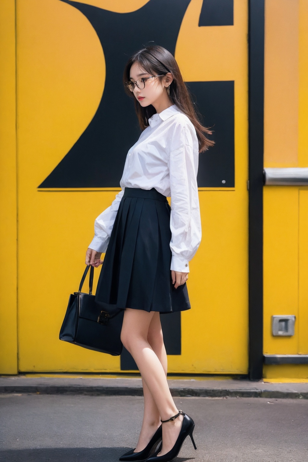 1girl, solo, white shirt, upper body, glasses, (from side), skirt, high heel shoes