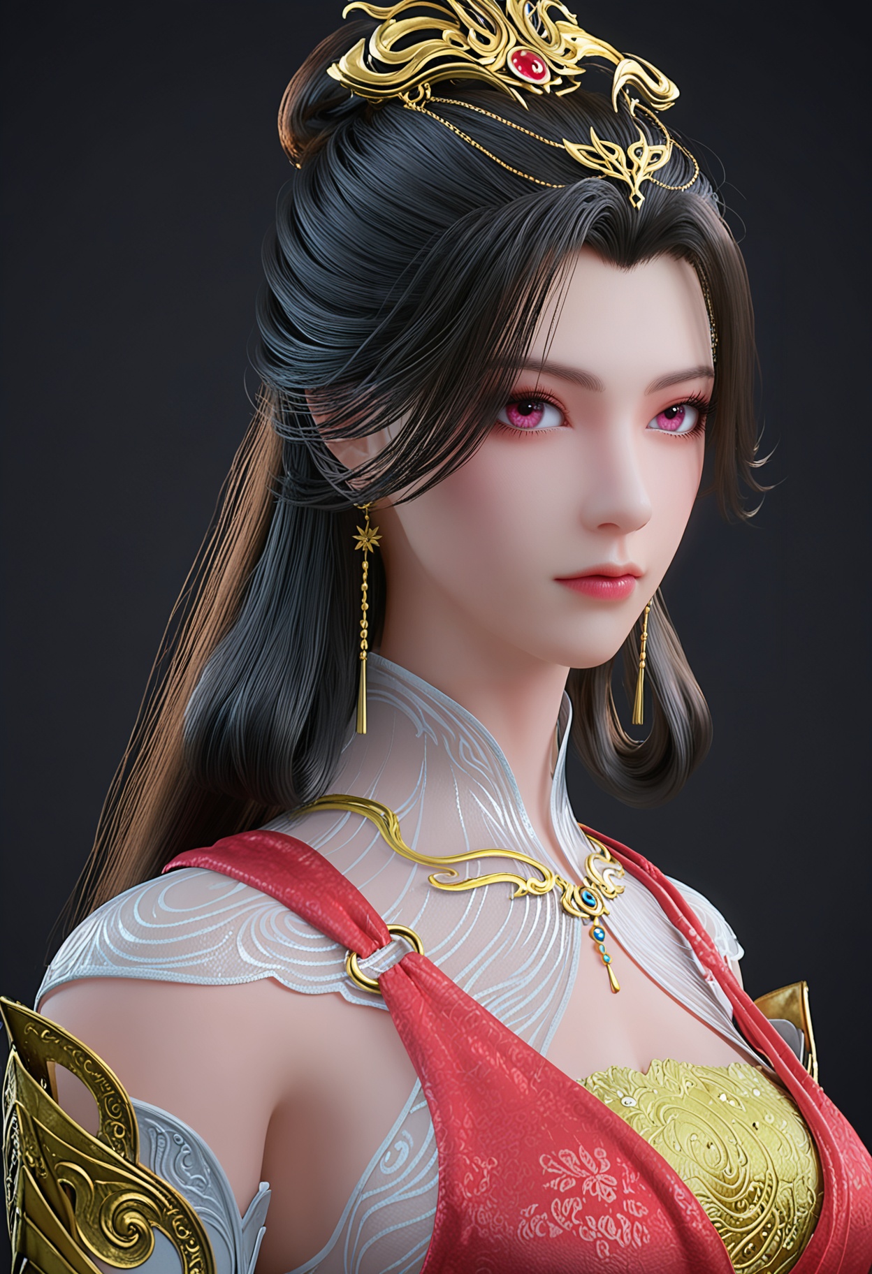 score_9,looking_at_viewer,upper body,large breasts,1girl,solo,long hair,pink eyes,jewelry,earrings,hair ornament,dress,black hair,closed mouth,red dress,brown hair,expressionless,hair bun,realistic,hair rings,high heels,(simple background,pure black background,black background:1.1),perfect_anatomy,<lora:QQSponyzhaolinerV1:0.8>,