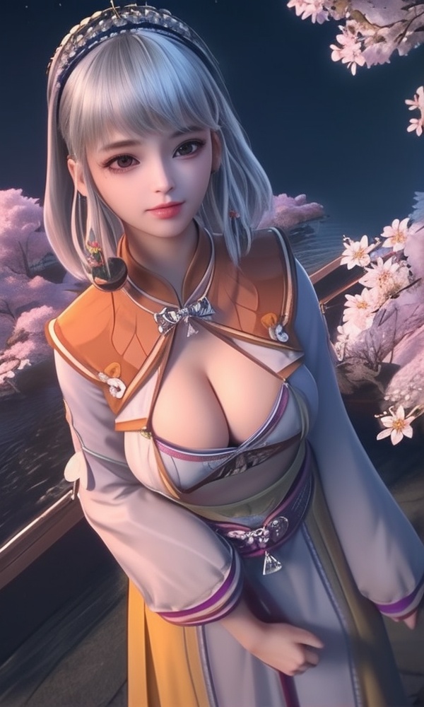 (,1girl, ,best quality, ),looking at viewer, <lora:433-DA-少年歌行-小白:0.8> ,, ,masterpiece,(( , )),, realistic,science fiction,mole,,ultra realistic 8k cg,     ,cherry blossoms,,night, night sky, crescent moon, moonlight,,(facing viewer, looking at viewer, , ),  (cleavage), (),