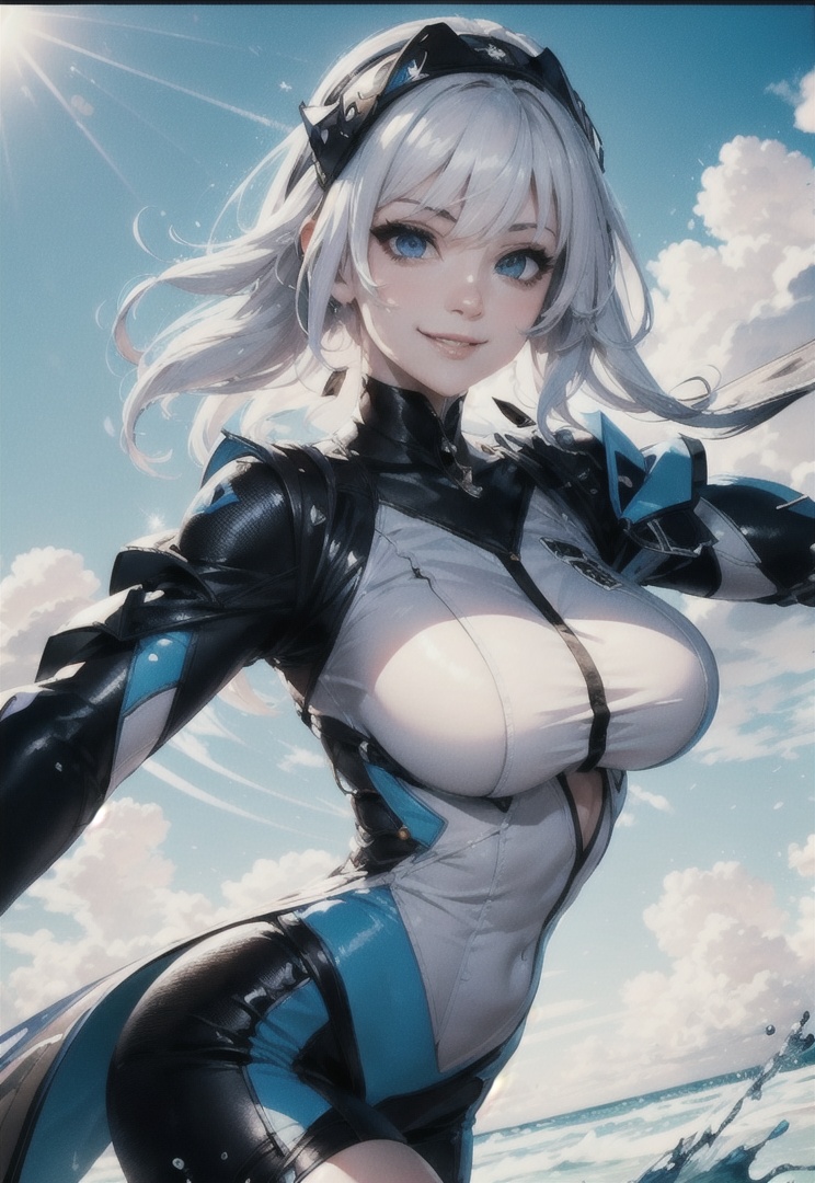 masterpiece,best quality,8k,sharp detailed eyes,artstation,wallpaper,official art,sharp drawn line,splash art,sharp focus,beautiful woman,black hair,(solo),(blue sky),outdoor,smile,seductive face,white hair,bangs,blue_eyes,bishoujo,sunny and cheerful personality,clouble,<lora:索泰x天启酱1-000008:0.75>,killer,