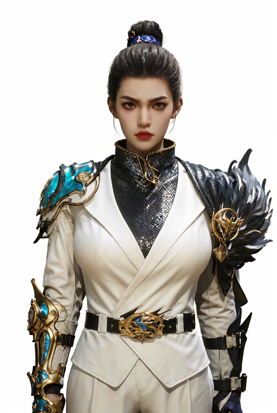 1girl,solo,big eyes,forehead,red lips,serious,angry,black hair,(single hair bun),hair ornament,jewelry,suit,long sleeves,(cape),chainmail,(armor:1.2),(arm armor:1.2),shoulder armor,plume,belt,pants,(looking at viewer),(stare),(portrait:1.1),(white background),3d,game cg,(Cinematic Lighting),(skin gloss),(perfect skin),Highly detailed,(ultra-detailed),hatching \(texture\),(8k,best quality,huge filesize,masterpiece:1.5),<lora:斗罗大陆2-仙琳儿:0.65>,<lora:细节调整2.0:0>,