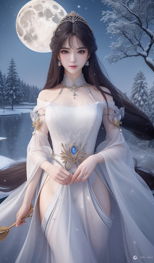 <lora:381-DA-武动乾坤-绫清竹-新模:0.8>,(,1girl, ,best quality, ),looking at viewer,ultra realistic 8k cg, picture-perfect face, flawless, clean, masterpiece, professional artwork, famous artwork, cinematic lighting, cinematic bloom, fantasy, dreamlike, unreal, science fiction, ((,1girl, pov,))(((,tree, 1girl, full moon,snowing,snow ,solo,     solo focus,  long_hair, looking_at_viewer,  )))  (rich:1.4,)     prestige, luxury, jewelry, diamond, gold, pearl, gem, sapphire, ruby, emerald, intricate detail, delicate pattern, charming, alluring, seductive, erotic, enchanting, hair ornament, necklace, earrings, bracelet, ,