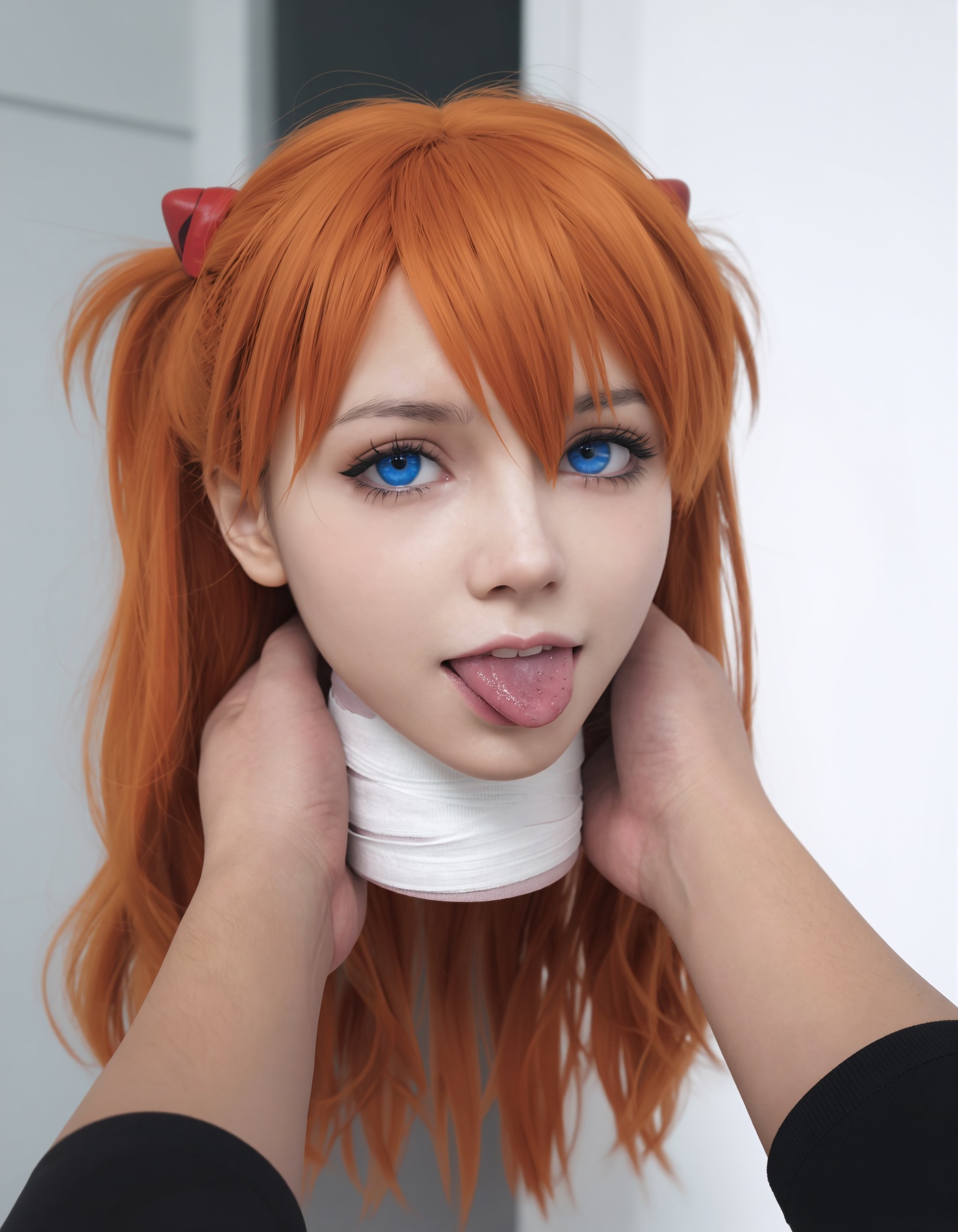 This image is a highly detailed pov view of the viewer looking down and holding asuka1 bodiless disembodied head. she has...
