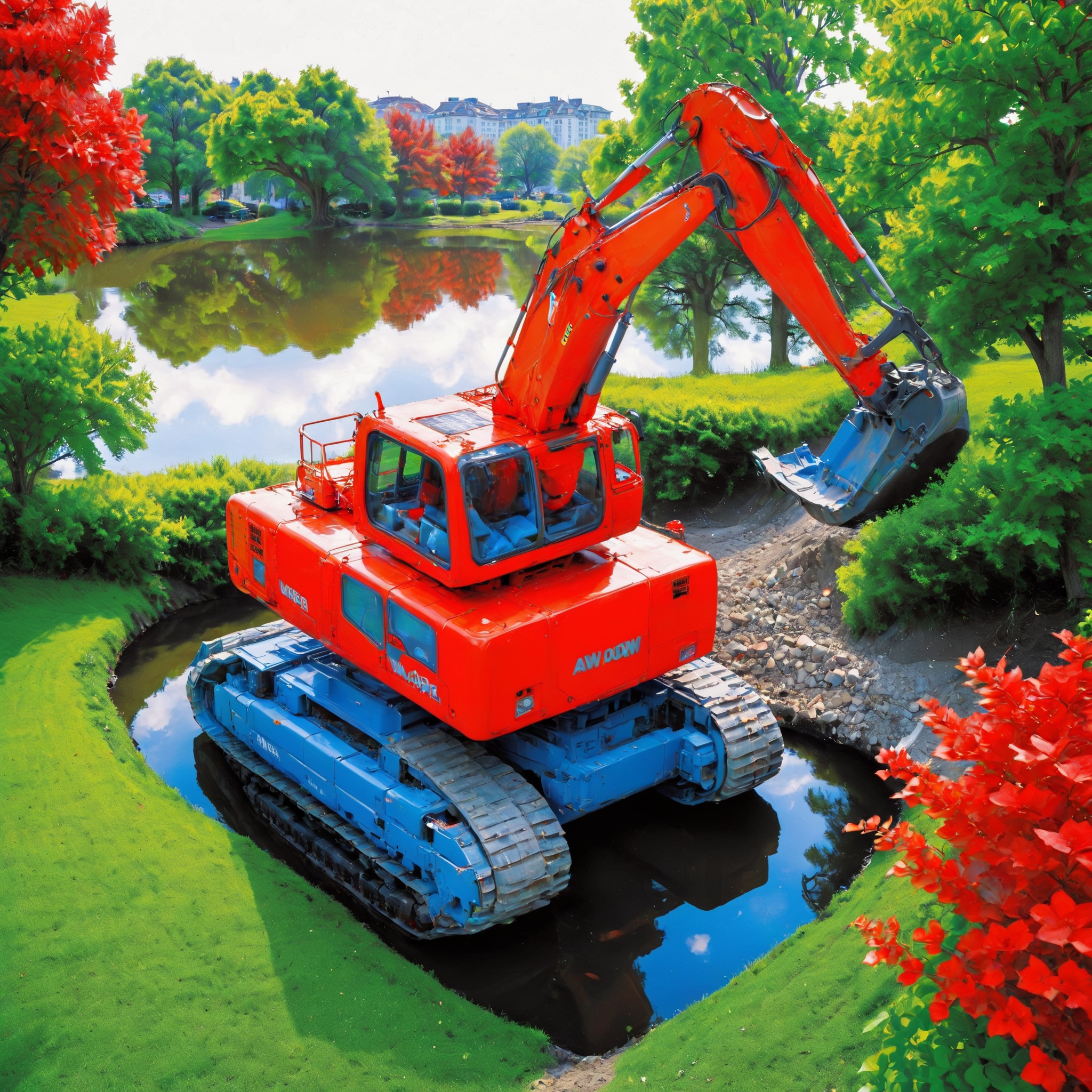 aw0k euphoricred style,  a excavator in a pond,  city on Tensor.Art