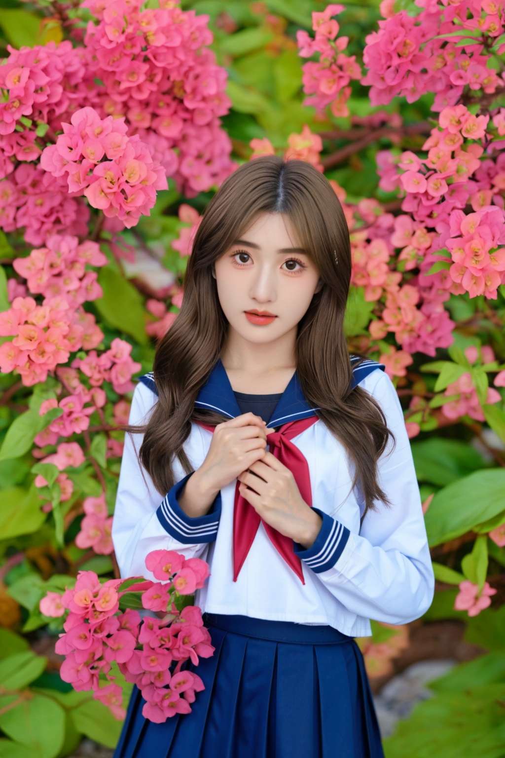 eli,1girl,solo, long hair, looking at viewer, skirt, brown hair, shirt, long sleeves, brown eyes, school uniform, white shirt, flower, pleated skirt, outdoors, serafuku, sailor collar, blue skirt, neckerchief, leaf, red neckerchief, realistic