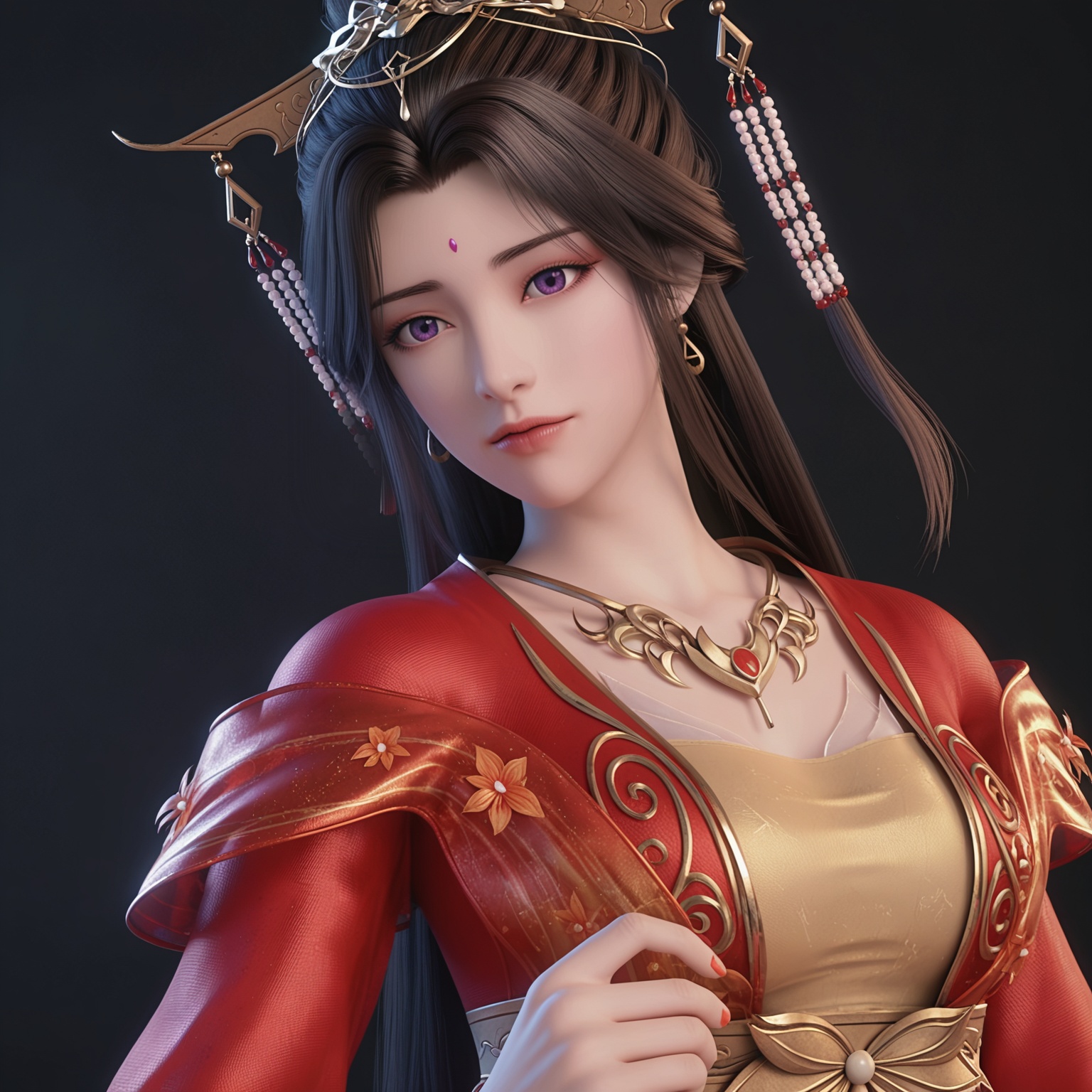 <lora:YQponyyuecan_hunzhuangV4:0.8>,q1528437228,1girl,solo,long_hair,jewelry,hair_ornament,black_hair,brown_hair,(red_dress:1.1),earrings,dress,chinese_clothes,forehead_mark,necklace,realistic,long_sleeves,purple_eyes,wide_sleeves,hair_bun,hanfu,beads,hair_stick,flower,armor,half_updo,puffy_sleeves,BREAK score_9,upper_body,portrait,shiny_skin,looking at viewer,cinematic lighting,volumetric lighting,solo focus,(huge breasts:0.9),(simple background,pure black background,black background:1.1),