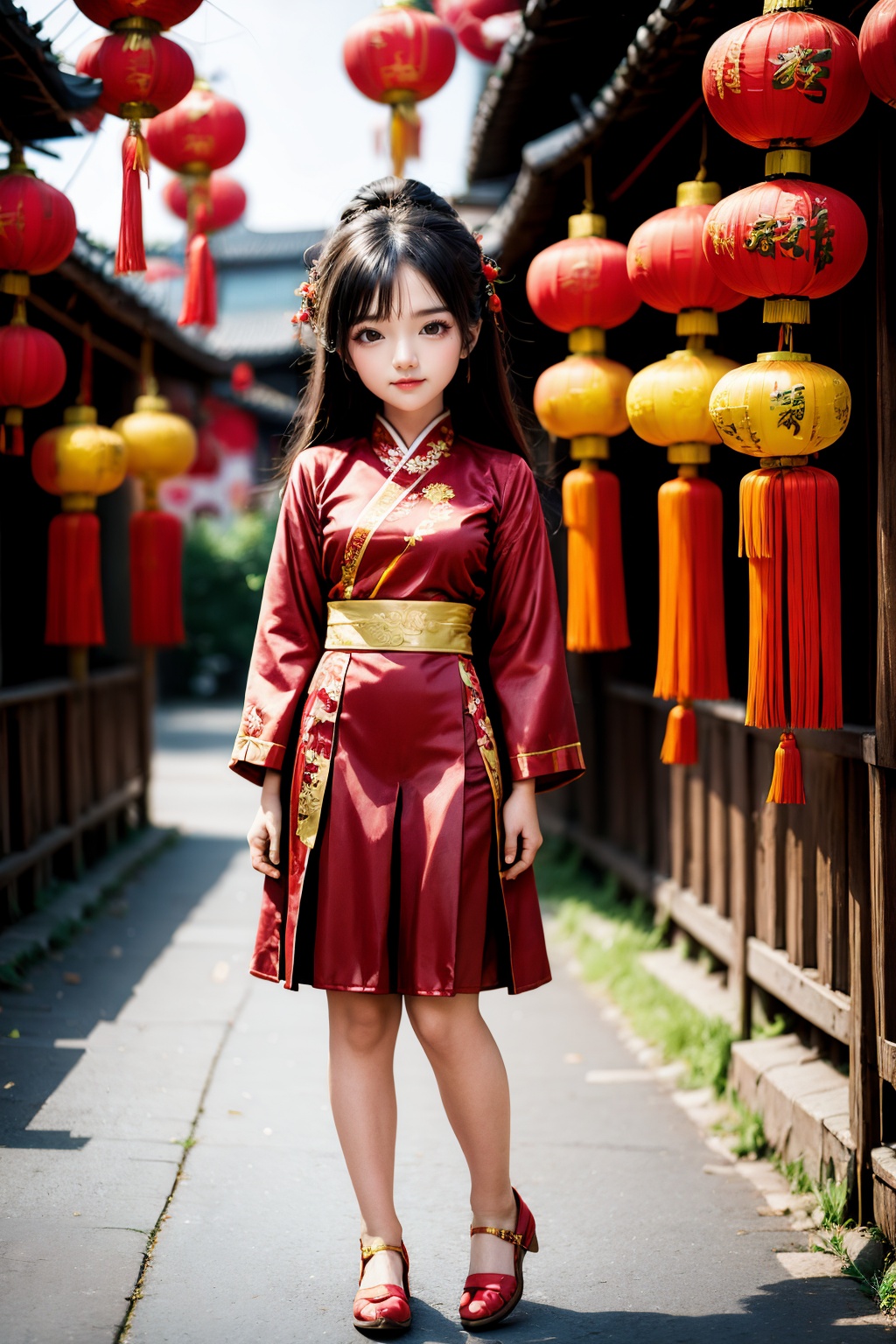 <lora:ChineseNewYear:0.8>, chinese new year, girl, (smirk:-0.4), long hair, arms at sides, red chinese clothes, paper lantern, full body, leather shoes, (chibi:0.2),