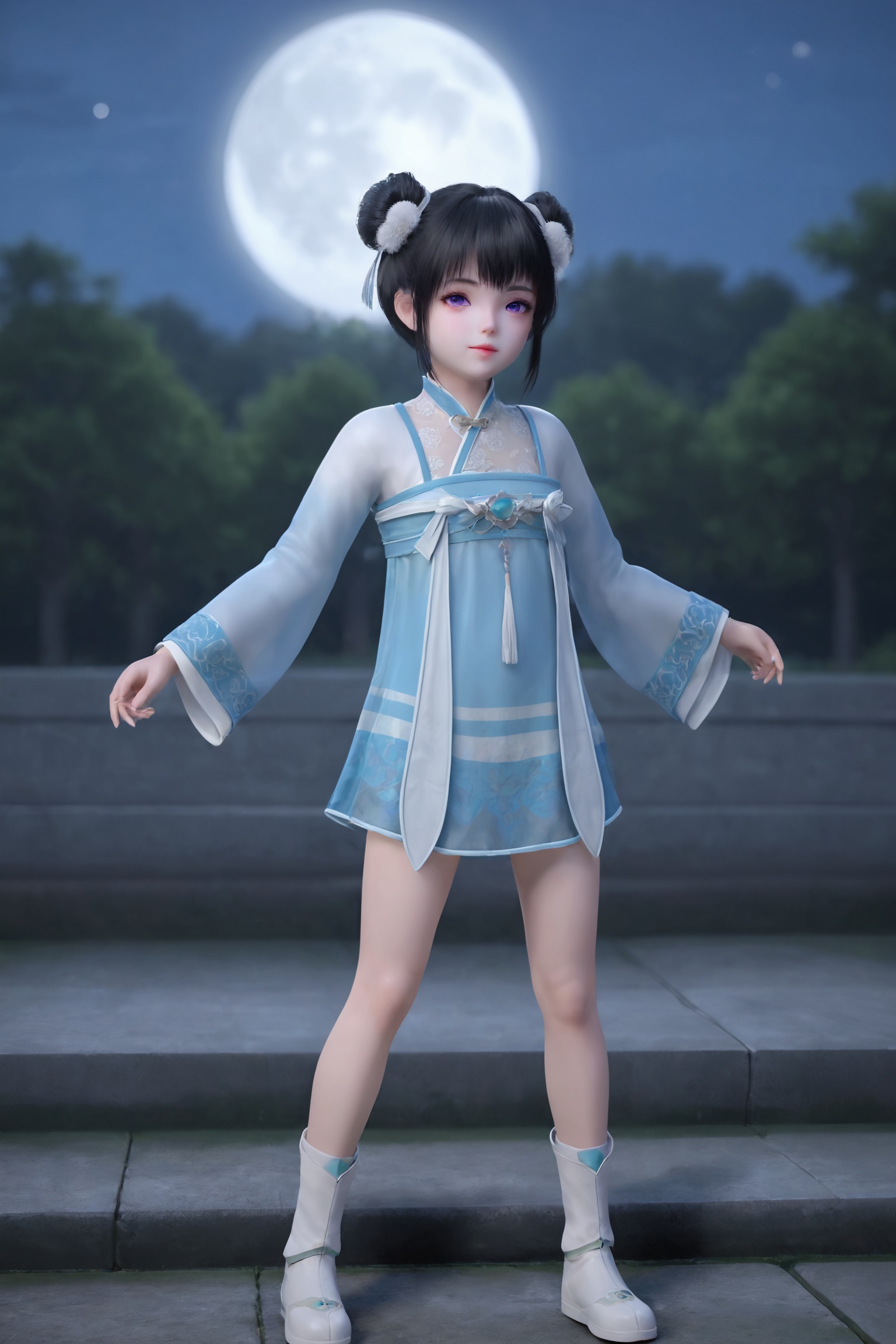 1girl,dark hair,two buns,white pom-poms,purple eyes,traditional East Asian-inspired outfit,light blue,long-sleeved dress with intricate lace patterns,high collar,knee-high white socks,white shoes,1girl,solo,shiny,shiny_hair,upper_body,fair_skin,white_skin,shiny_skin,shiny,Ivory_skin,looking at viewer,cinematic lighting,volumetric lighting,solo focus,blurry background,depth of field,night,sky,night sky,full moon,moonlight,<lora:仙武传-若曦06:0.7>,