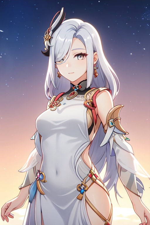 masterpiece,best quality,white background,<lora:shenhe:0.5>,shenhe (genshin impact),1girl,solo,white hair,grey hair,long hair,hair over one eye,earrings,hair ornament,looking at viewer,(evening_gown:1.5),(canonicals:1.5),