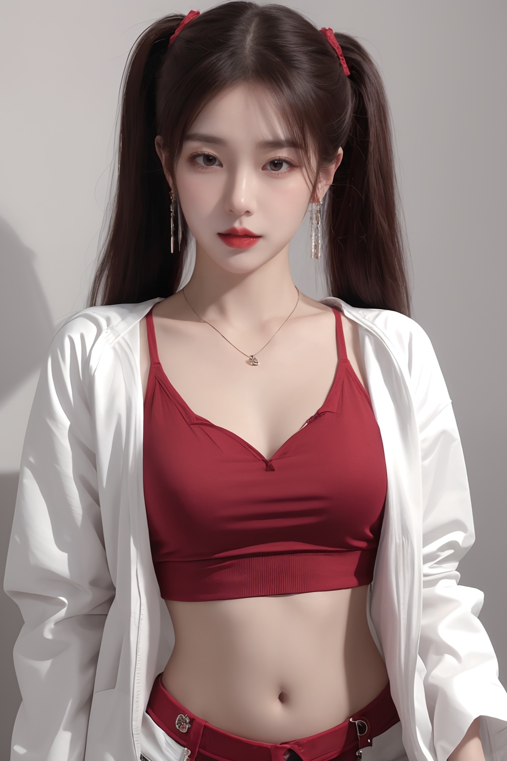 1girl, breasts, cleavage, crop top, earrings, jacket, jewelry, lips, long hair, looking at viewer, medium breasts, midriff, navel, necklace, realistic, red lips, solo, twintails, white jacket  <lora:美女1.0:1>