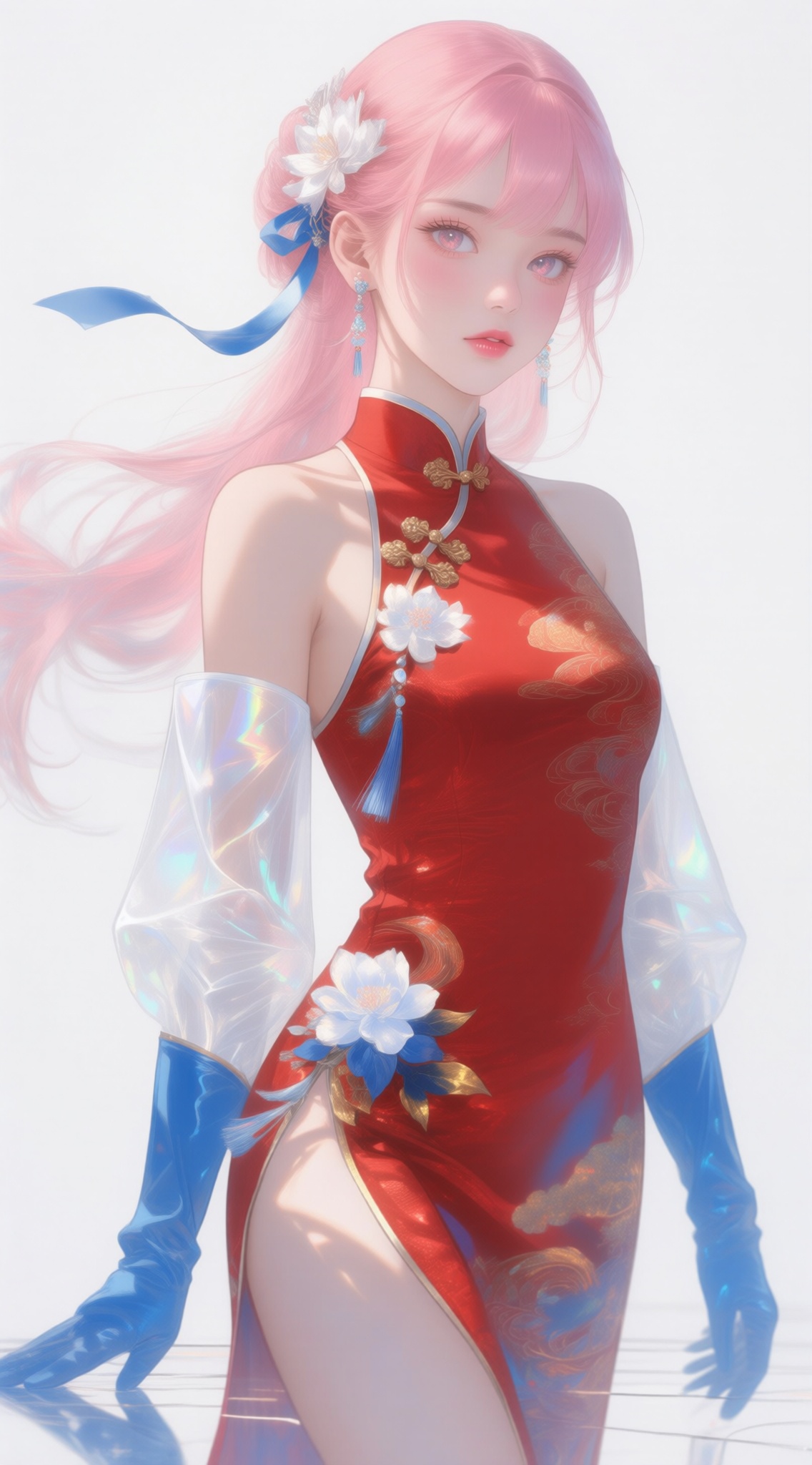 Changli\(wuthering waves\),1girl,pink hair,solo,china_dress,chinese_style,elbow_gloves,White theme,blue theme,, red dress,(halter_dress:1.1),white background,proper body proportions,, solo,jewelry,ribbon,looking at viewer,flower,english text,hair ornament,reflection,breasts,petals,character name,mole,copyright name,reflective floor,mole under eye,long sleeves,see-through,earrings,see-through sleeves,closed mouth,tress ribbon,white flower,Tiffany blue flower,Simple background,proper body proportions,, Close-up details,realistic style photo young woman,solo,outstanding style,cute,in her teens. Use soft lighting to cast gentle shadows on the subject,adding a touch of dimension to your images without compromising details,ear_ornament,hair_ornament,eyelashes,makeup,light pink eye shadow,light pink lipstick,makeup,whirls of vapor,iridescent textures,(Anime:1.1),soft neon light,ethereal ambiance,delicate details,magical atmosphere,concept art,highly detailed,ultra-high resolution,32K UHD,sharp focus,best-quality,masterpiece,golden hour,unconventional supreme masterpiece,masterful details,temperate atmosphere,with a high-end texture,in the style of fashion photography,magazine cover,Dynamic Angle,Dynamic posture,magazine cover,Dynamic Angle,Dynamic posture,see-through,translucent,shimmering lights,whirls of vapor,iridescent textures,pastel anime,, XUER guangying,proper body proportions,(thick thighs:1),stunning,textured skin,soft,expressiveh,fine art,good composition,, extreme aesthetic,(yoneyama mai:0.8),(artist:quasarcake:0.7),(wlop:0.6),(honjou raita,lack,rella,wanke:0.5),masterpiece,best quality,good quality,newest,year 2024,year 2023,very aesthetic,absurdres,Visual impact,A shot with tension,(nakamura_regura:0.5),, ultra-high resolution,32K UHD,sharp focus,best-quality,masterpiece,Emotionalization,unconventional supreme masterpiece,masterful details,temperate atmosphere,with a high-end texture,i,, Negative prompt: ng_deepnegative_v1_75t,(badhandv4:1.2),EasyNegative,(worst quality:2),,nsfw, Steps: 30, Sampler: Euler, CFG scale: 4.0, Seed: 398310237, Size: 1142x2048, Model hash: 98763a1277, Model: Qwen-Image_1.0.safetensors, Denoising strength: 0, RNG: CPU, Lora 1: ZOZ_情绪插画04, Lora Hash 1: e826ccab9b, Lora Weight 1: 0.8, vae_name: automatic