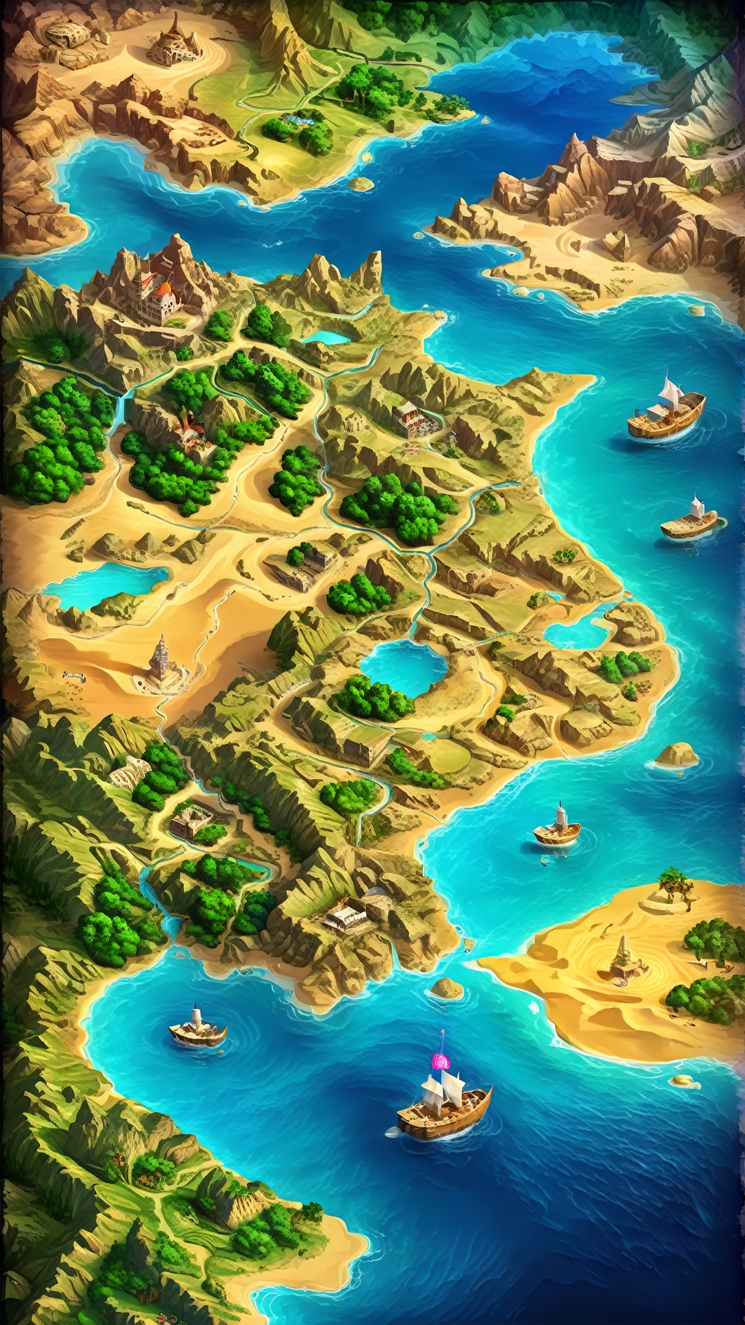 Magical world,scenery,water,outdoors,trees,no one,boats,maps,beaches,roads,sand,sky,sea,buildings,boats,islands,<lora:sdxl_ditu:0.8>,