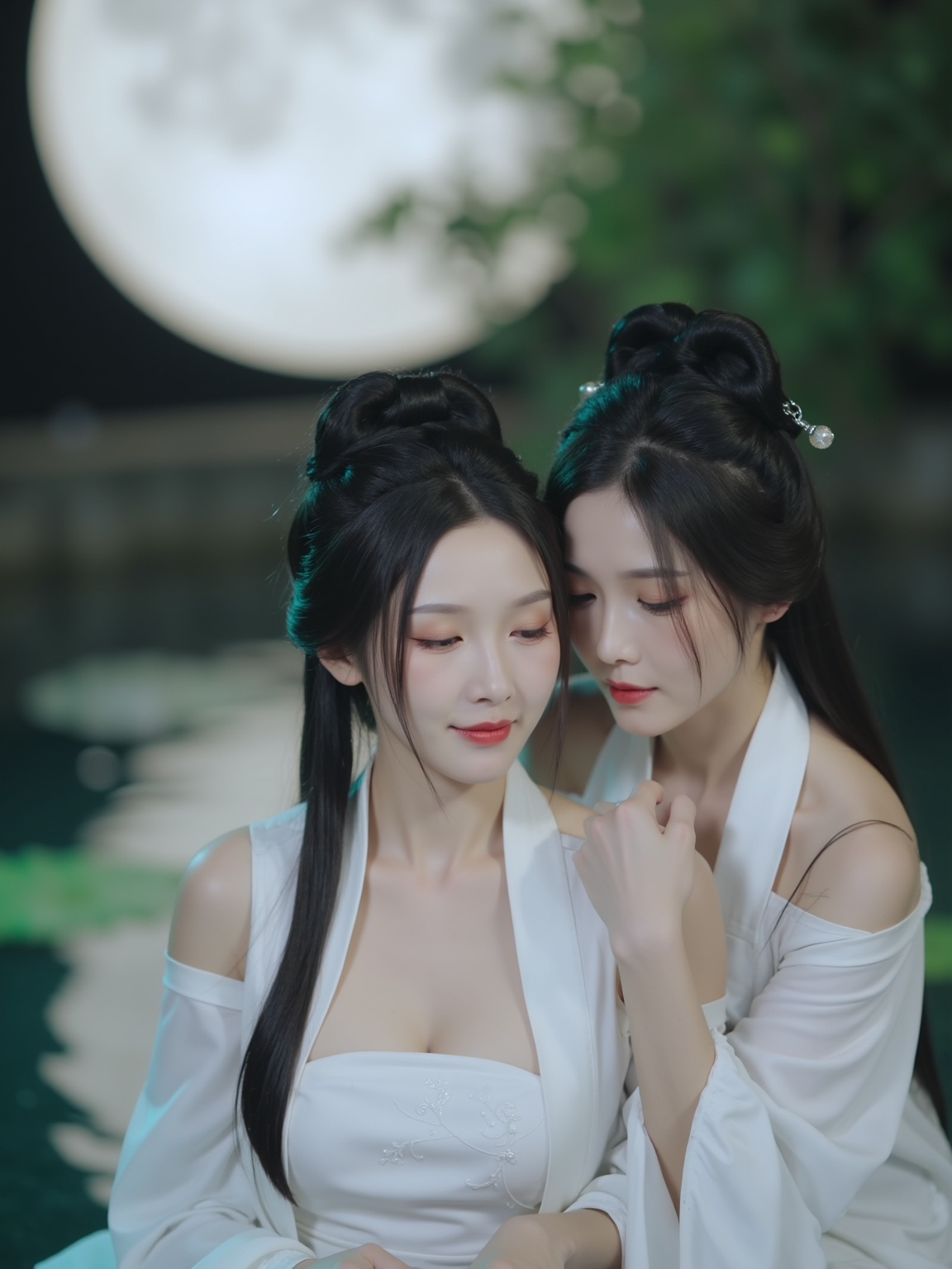 This is a photograph featuring two East Asian women in a serene, nighttime setting. The background features a large, full moon casting a soft glow over a tranquil water surface, with green lily pads floating on the water. The women are seated on the edge of a small pond, with the water reflecting the moonlight, creating a mystical atmosphere. The woman in front has a pale complexion, long black hair styled in a high ponytail with intricate braids, and wears a white, sleeveless kimono. She has a slender physique and her expression is calm and serene. Her eyes are accentuated with subtle makeup, and her lips are painted a vibrant red. The woman behind her has a similar complexion and long black hair styled in a similar fashion. She wears a white kimono, but her sleeves are slightly longer, covering her shoulders. Her expression is gentle and she has a delicate, petite build. Both women have their hands delicately placed, with the one in front resting on the other's shoulder, creating a sense of intimacy and camaraderie.The overall mood of the photograph is tranquil and ethereal, emphasizing the natural beauty and serenity of the setting.<lora:YY-小青和小白F.1:0.9>,