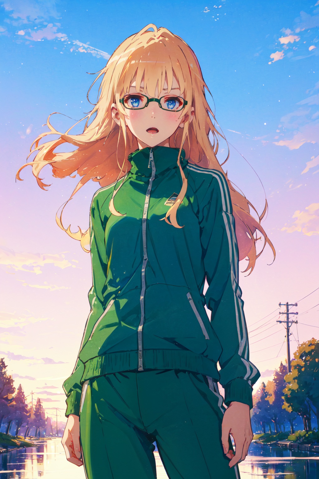<lora:Eriri-000012:0.8>,eriri cyql,1girl,looking at viewer,solo,blonde hair,long hair,blue eyes,glasses,track suit,track jacket,jacket,pants,socks,track pants,green pants,bespectacled,green jacket,Confused, Wide-open eyes, a slightly furrowed brow, and a slightly open mouth.,upper_body,beautiful face,beautiful eyes,glossy skin,shiny skin,River bend, Photography, Sunset, Reflections, Tranquility, Scenic beauty,beautiful detailed sky,beautiful detailed glow,posing in front of a colorful and dynamic background,masterpiece,best quality,beautiful and aesthetic,contrapposto,female focus,wallpaper,fashion,