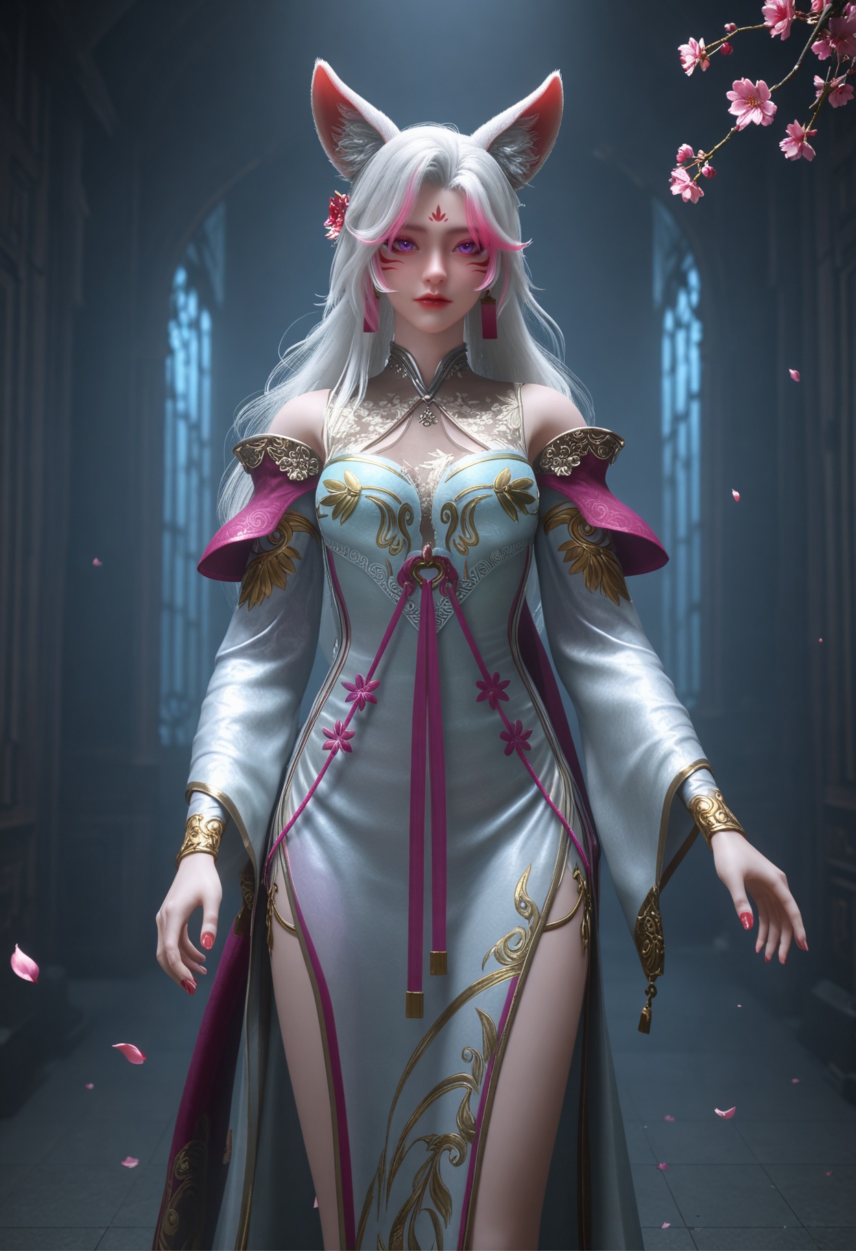 (full_body:1.1),(looking at viewer:1.1),facing viewer,direct gaze,(masterpiece:1.1),(best quality:1.2),(intricate details),(smog:1.3),(Dark room:1.3),(dim lighting:1.3),peach blossom,falling petals,<lora:YQ_Illustrious光辉v5_小狸_服装1_V1:0.8>,q1528437228,1girl,solo,long hair,animal ears,facial mark,purple eyes,jewelry,dress,earrings,forehead mark,hair ornament,glowing,high heels,masterpiece,(best quality),(intricate details:0.9) BREAK (intricate details:0.9),(realistic skin:1.2),masterpiece,best quality,newest,absurdres,hiahres,