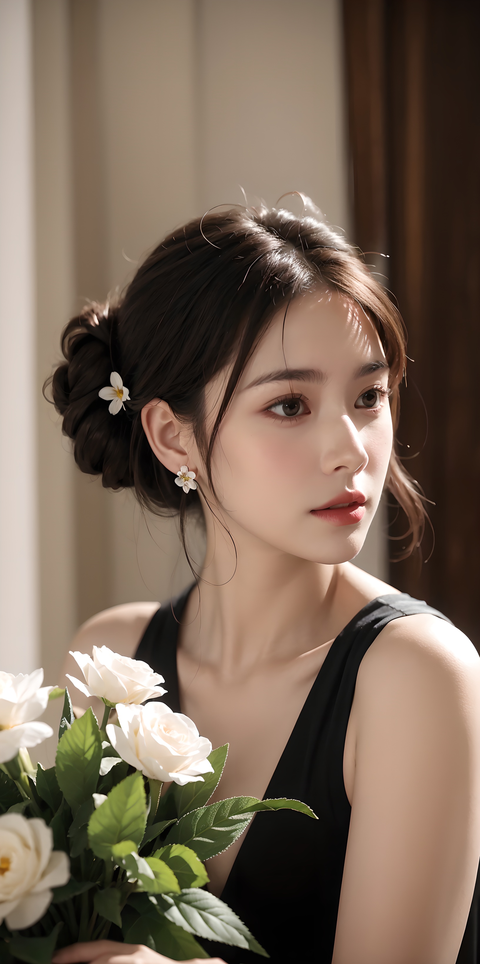 1girl,flower,formal dress,black hair,bouquet,jewelry,earrings,blurry,looking at viewer,blurry background,white flower,realistic,holding,hair bun,black eyes, <lora:Xian-T手部修复lora（不用controlnet也不坏手了）_v3.0:1>the whole body:1.5 <lora:067_1+067_0.4+极致写实纯欲风初恋脸_0.3+极致写实纯欲风初恋脸2_0.1_0.2:0.2>