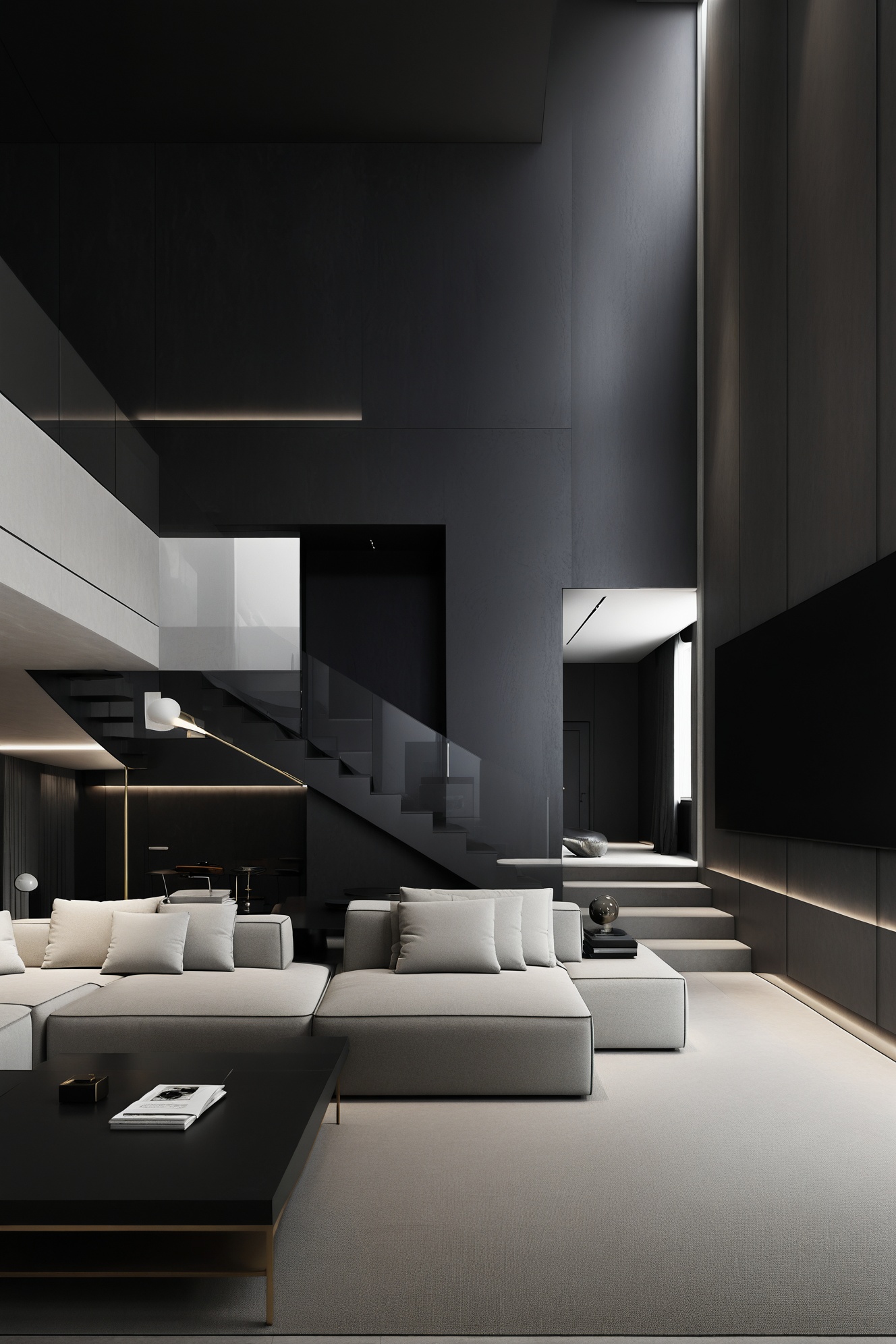 minimalist,luxury decoration,livingroom,sofa,carpet,black wall to wall,floor lamp,duplex building,double-storey building,hollow livingroom,vertical composition,8K,high-definition,high quality,high resolution,details,realism,masterpieces,realism,masterpieces,