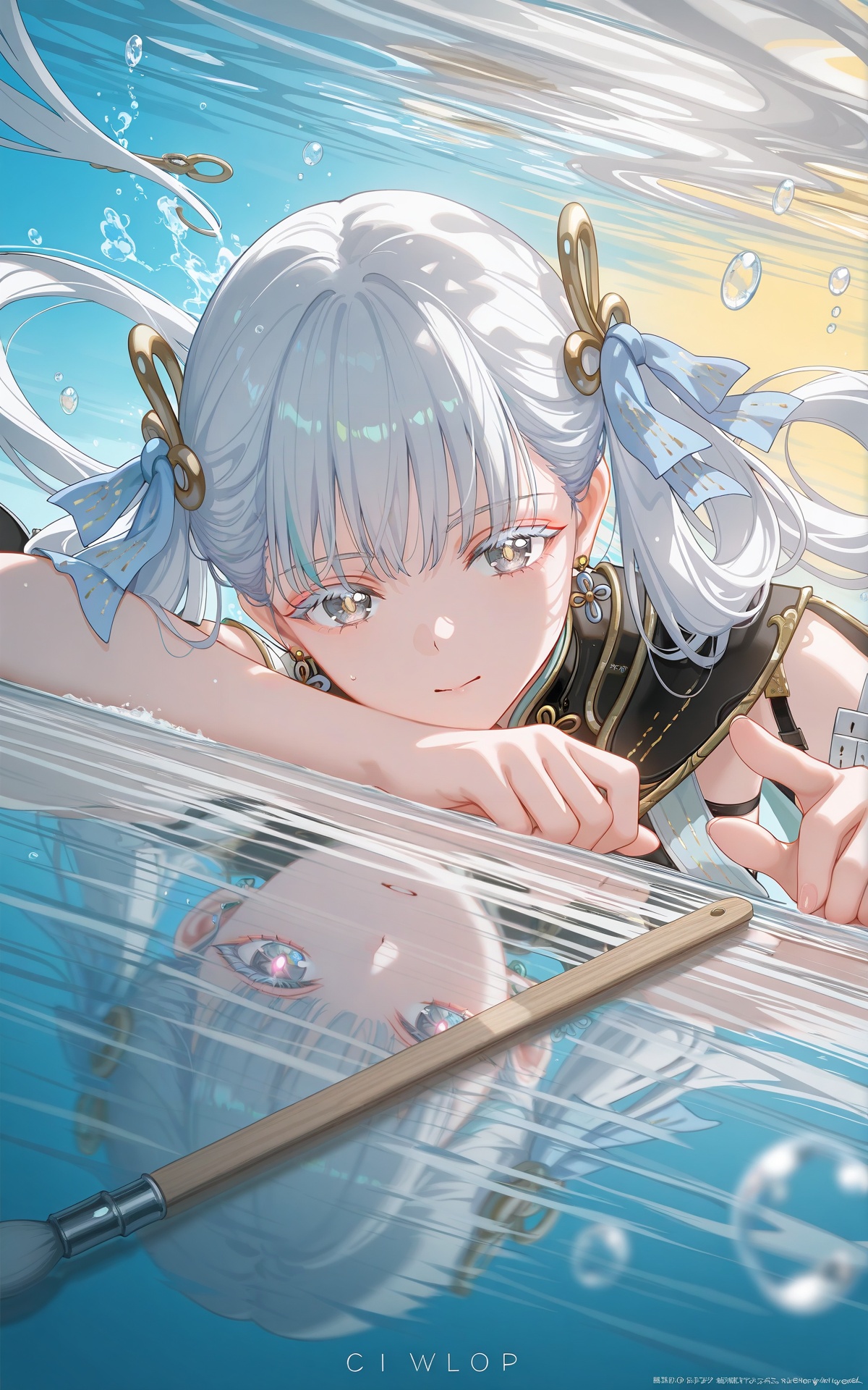 8k,best quality,masterpiece,(ultra-detailed),(high detailed skin),((artist:reoen),(artist:fuzichoco),(artist:atdan),(artist:torino_aqua),year 2024:0.8),[artist:wlop],[artist:ningen_mame],artist:ciloranko,[[artist:rhasta]],artist:tidsean,colorful,<lora:xl-ill-jinhsi(wuthering waves)v1-000010:0.8>,jinhsi\(wuthering waves\),girl swims underwater,hyper detailed render style,glow,yellow,blue,brush,surreal oil painting,shiny eyes,water drops,mother of pearl iridescence,holographic white,abstract background,underwater hair physics,air bubbles,light coming through water,school of fish,reflections,laying in water,split layers of water,beauty,