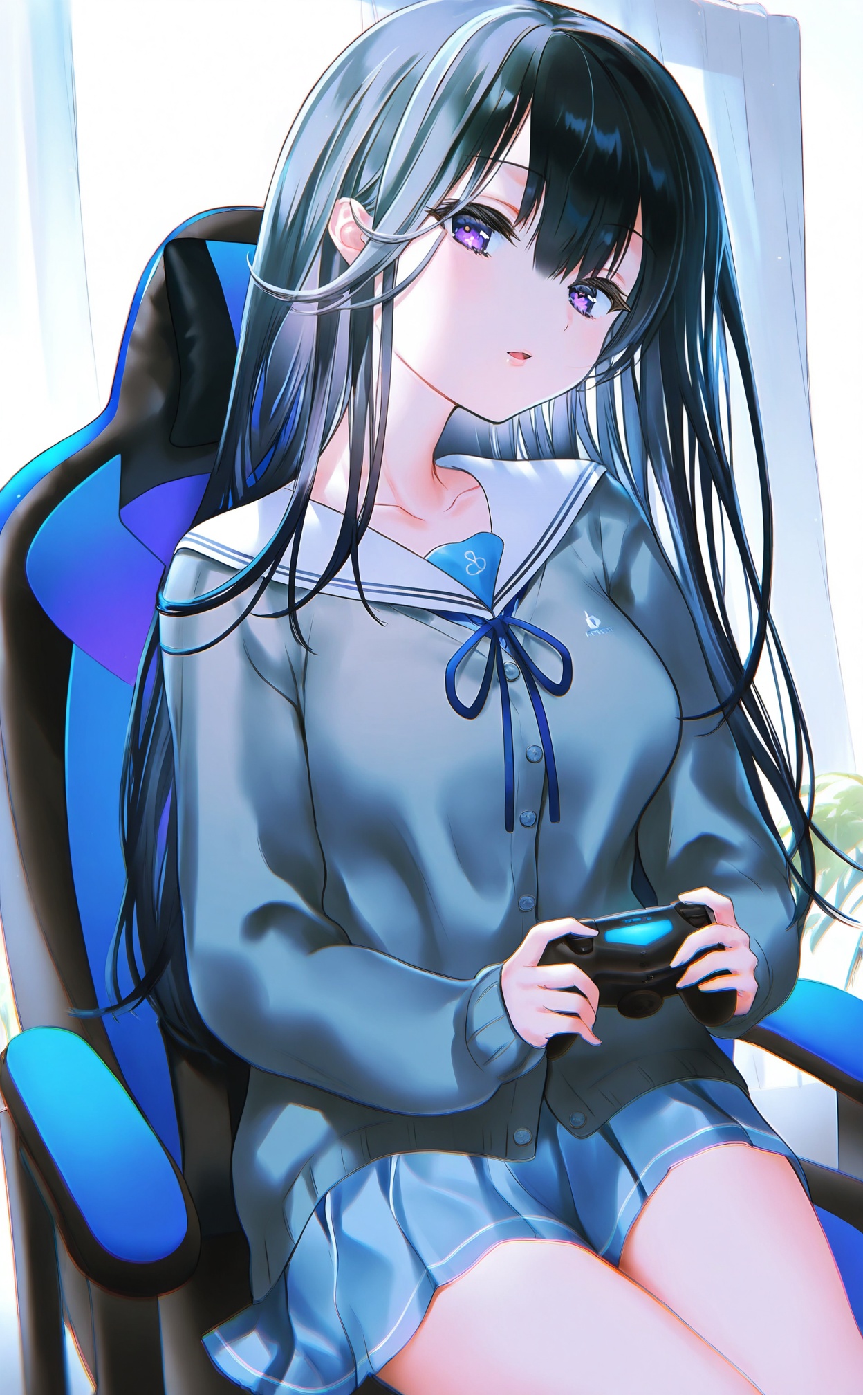 masterpiece,absurdres,best quality,high quality,chromatic_aberration,//,1girl,holding_controller,solo,controller,black_hair,game_controller,holding_game_controller,purple_eyes,long_hair,playstation_controller,swivel_chair,school_uniform,holding,sailor_collar,gaming_chair,sitting,looking_at_viewer,curtains,chair,gamepad,blue_ribbon,long_sleeves,ribbon,skirt,parted_lips,cardigan,serafuku,breasts,white_sailor_collar,indoors,collarbone,blue_skirt,on_chair,neck_ribbon,hair_between_eyes,medium_breasts,pleated_skirt,office_chair,shirt,window,playing_games,open_mouth,//,//,<lora:nekoyashiki_pushio——【CKXL】hans:1>,