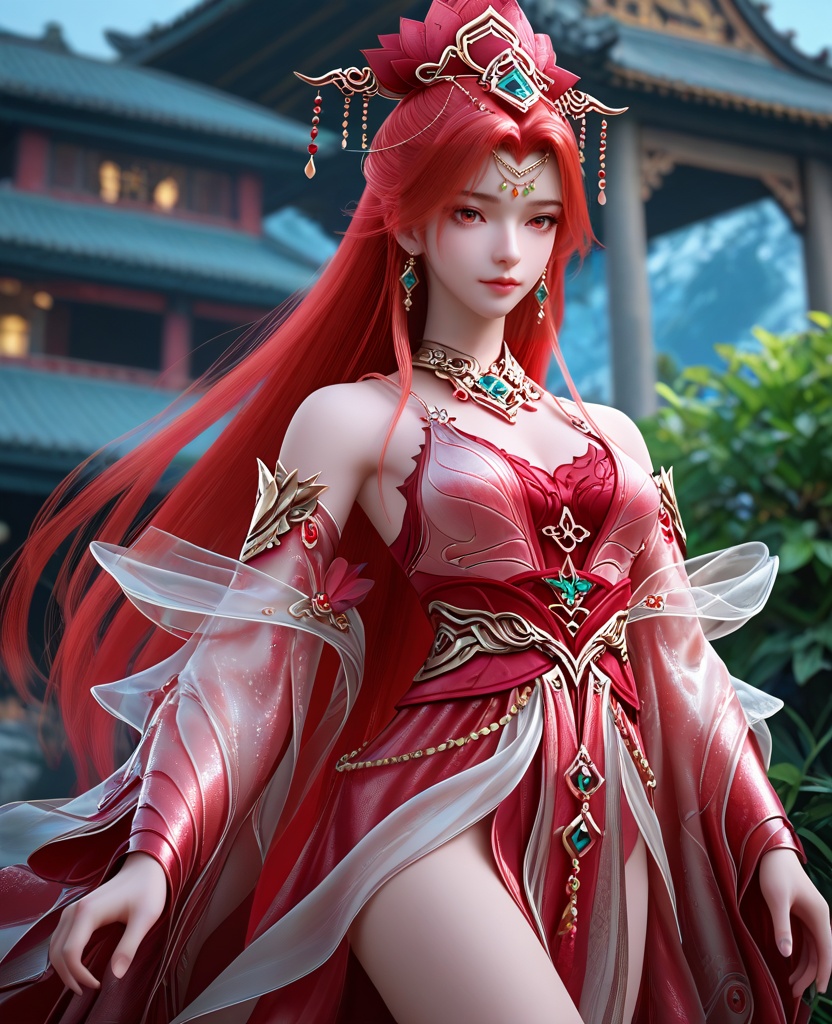 (oriental architecture, elegant decor, sophisticated style:1.1),Sitting on a swing, looking upward, like a dreamer envisioning the future,,(breasts:1.2),<lora:XL16完美世界戚琳:0.95>,miss qilin,red dress,red eyes,red hair,very long hair,hair ornament,traditional chinese updo with long front strands,earrings,jewelry,red bra,bare shoulders,choker,sash,, zPDXL2, score_9, score_8_up, score_7_up BREAK realistic, masterpiece,best quality, highly detailed,, zPDXL3, zPDXL2,zPDXL, zPDXLxxx, zPDXLrl,