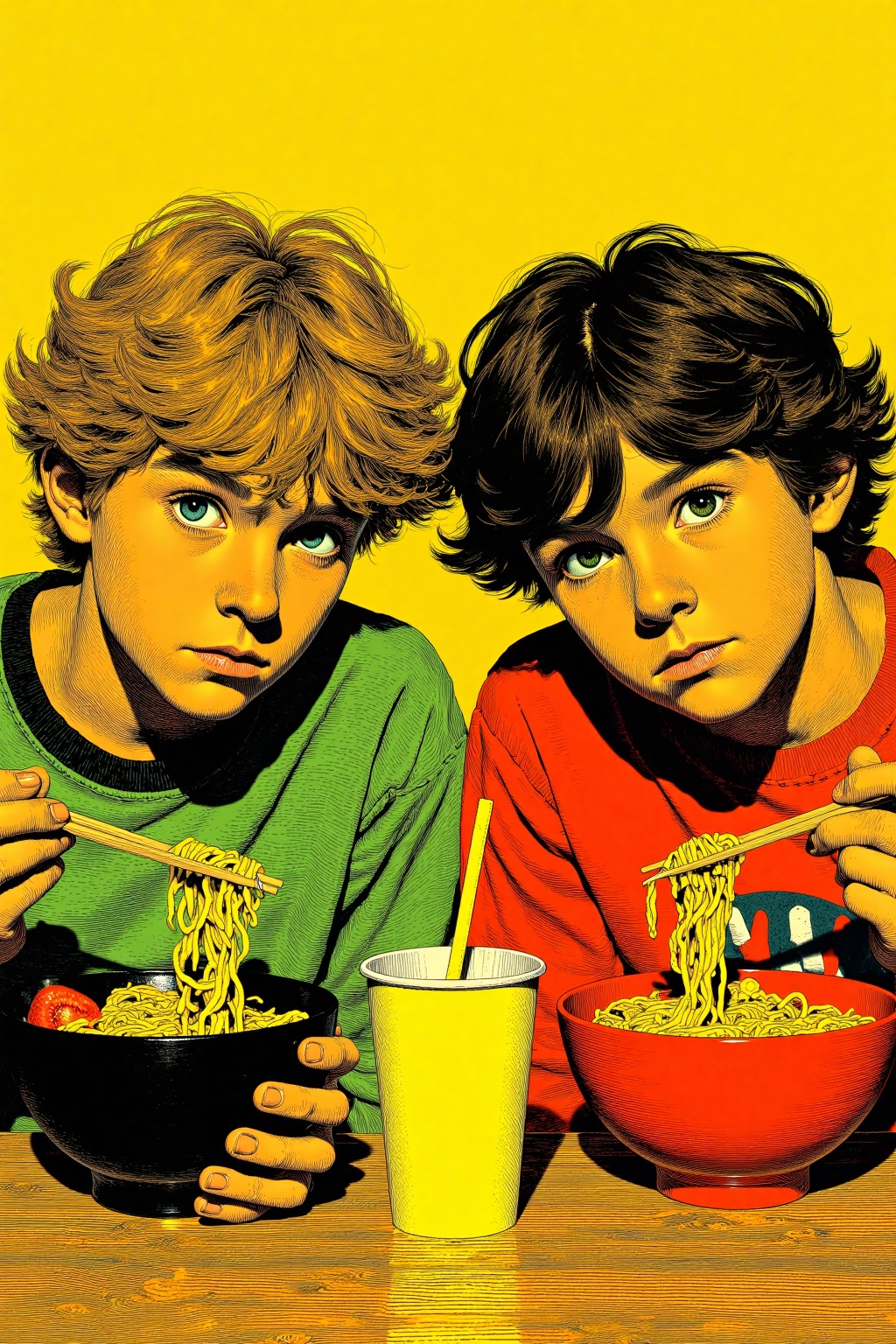 beijihui,Captured in a pop-up art style,two boys are seated at a table,each holding chopsticks in their hands. The boy on the left is wearing a green shirt with a black collar,and he's holding a black bowl of noodles in his left hand. His right hand is holding a wooden chopstick in his right hand. He's looking at the camera with a serious expression on his face. His eyes are a piercing blue,and his hair is a dark brown color. His mouth is slightly open,as if he's ready to eat the noodles. The bowl on the right is a red bowl,and the bowl is filled with noodles. In the middle of the bowl,a yellow cup with a straw in it is placed on a wooden table. The background is a bright yellow,adding a pop of color to the scene.,