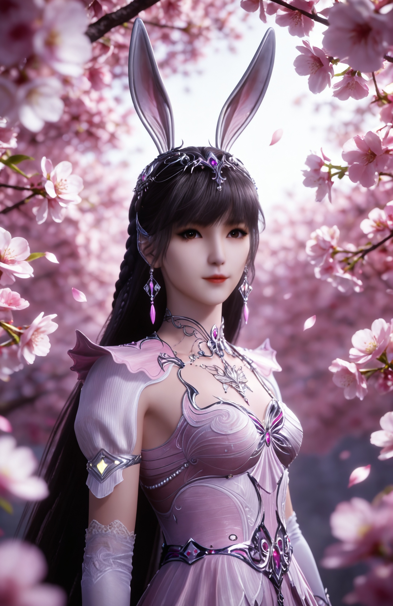 <lora:斗罗大陆-小舞Pony-结婚版:0.8> 1girl, hair ornament, brown eyes, long hair, black hair,rabbit ears, earrings, braid, pink dress, , metal collar,, realistic style photo,outstanding style,adding a touch of dimension to your images without compromising details,whirls of vapor,ethereal ambiance,delicate details,magical atmosphere,concept art,highly detailed,ultra-high resolution,32K UHD,sharp focus,best-quality,masterpiece,golden hour,unconventional supreme masterpiece,masterful details,temperate atmosphere,with a high-end texture,in the style of fashion photography,magazine style,Dynamic Angle,Dynamic posture,(cowboy_shot:1.2),depth of field,lens flare,extreme aesthetic,masterpiece,best quality,good quality,newest,year 2025,very aesthetic,absurdres,Visual impact,A shot with tension,ultra-high resolution,32K UHD,sharp focus,best-quality,masterpiece,Emotionalization,unconventional supreme masterpiece,masterful details,temperate atmosphere,with a high-end texture,in the style of fashion photography,(Visual impact:1.2),giving the poster a dynamic and visually striking appearance,, masterpiece,best quality,solo,1girl,upper body,petals,looking at viewer,moon,branch,cherry blossoms,flower,extreme aesthetic,(quasarcake:0.7),masterpiece,best quality,good quality,newest,very aesthetic,absurdres,A shot with tension,(Visual impact,giving the poster a dynamic and visually striking appearance:1.2),impactful picture,offcial art,colorful,splash of color,movie perspective,
