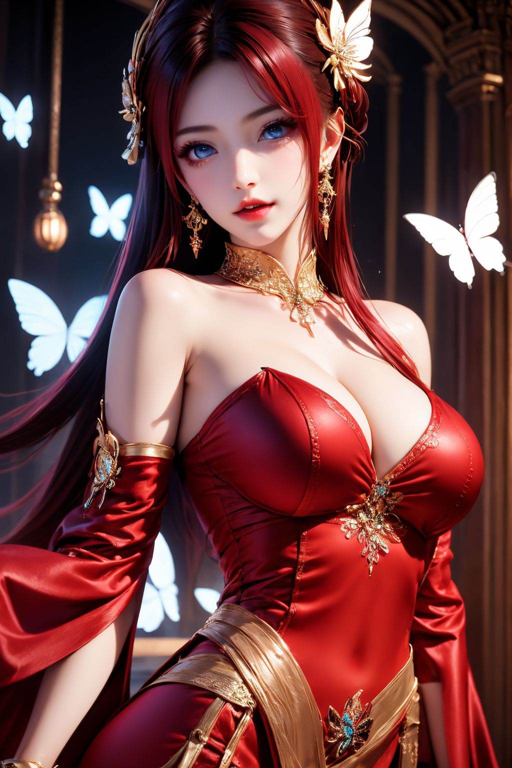 <lora:20250818_AgainAnimeGirlLora9:1>, 1girl, jewelry, breasts, dress, solo, red hair, long hair, building, earrings, red dress, cleavage, blue eyes, parted lips, looking at viewer, hair ornament, butterfly, detached sleeves, bug, upper body