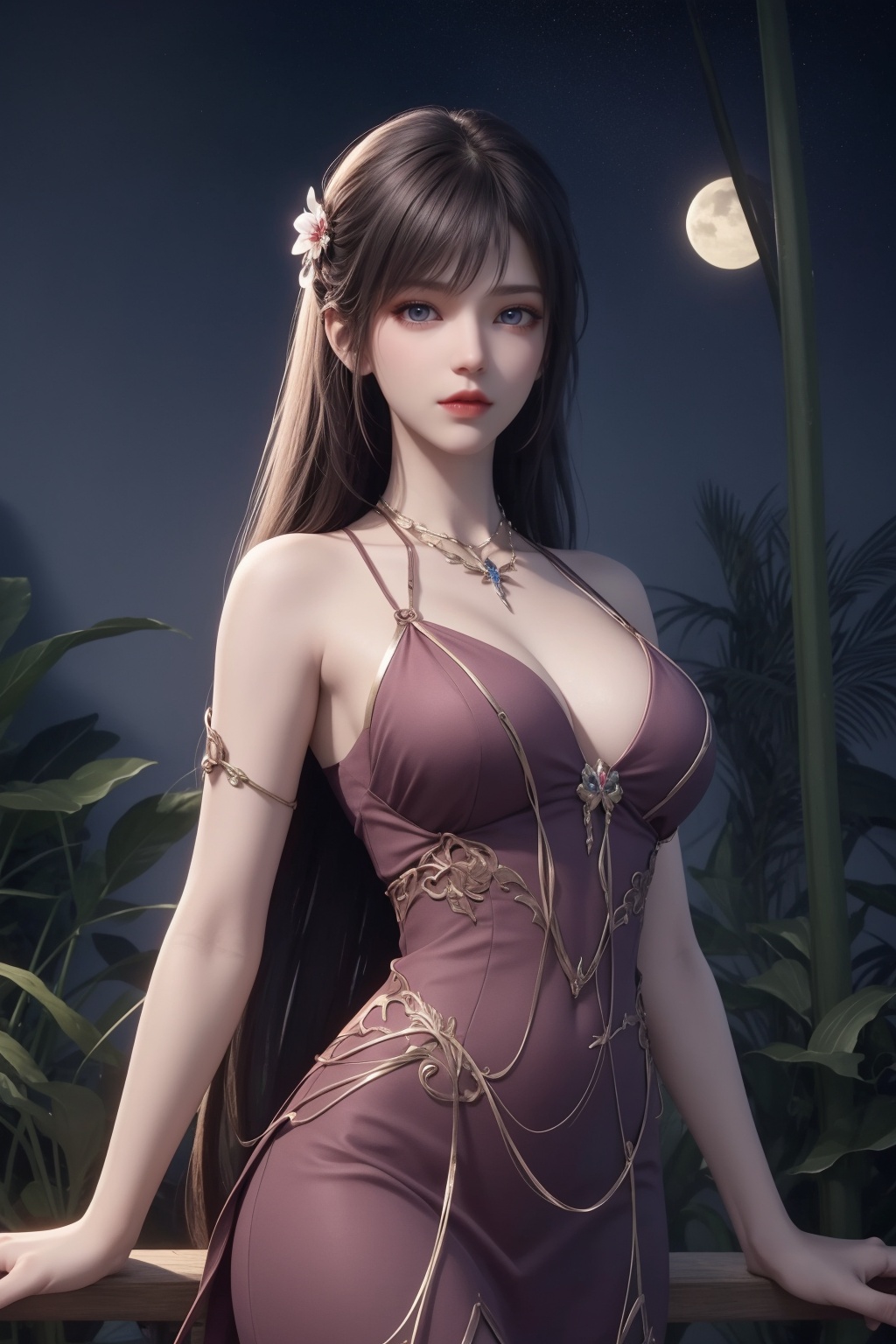 1girl, aurora, bamboo, bangs, bare shoulders, blue eyes, branch, breasts, city lights, cleavage, cloud, constellation, crescent moon, dress, fireflies, flower, full moon, gem, hair flower, hair ornament, jewelry, large breasts, leaf, light particles, lips, long hair, looking at viewer, milky way, moon, moonlight, night, night sky, outdoors, palm tree, pink lips, plant, shooting star, sky, solo, space, star \(sky\), starry sky, tanabata, tanzaku, tree, very long hair  <lora:彩儿:0.66>