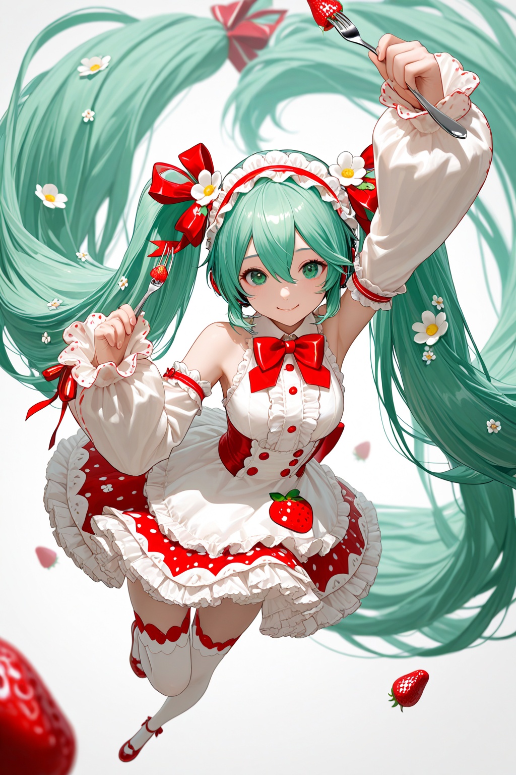 masterpiece,best quality,high quality,newest,highres,8K,HDR,absurdres,dynamic pose,fork,1girl,solo,very long hair,long hair,strawberry miku,thighhighs,twintails,dress,green eyes,detached sleeves,bow,looking at viewer,flower,holding fork,white thighhighs,frills,green hair,hair ornament,ribbon,holding,white flower,long sleeves,hairband,bangs,white background,hair between eyes,absurdly long hair,hair flower,full body,frilled dress,hair ribbon,smile,sleeveless,food,red bow,foreshortening,depth of field,