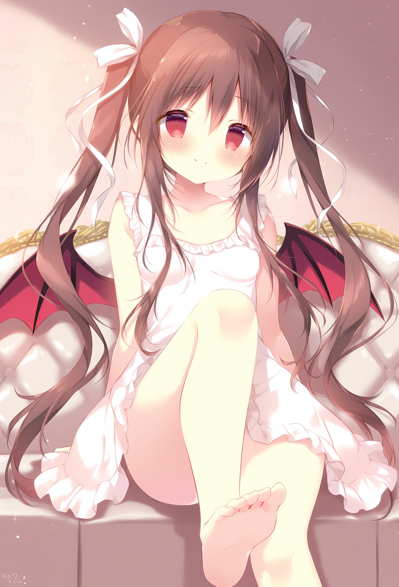 shiratama,1girl,solo,wings,long hair,dress,twintails,barefoot,white dress,red eyes,sleeveless,couch,bare shoulders,sleeveless dress,looking at viewer,bare arms,demon wings,smile,ribbon,sitting,closed mouth,brown hair,on couch,blush,twitter username,bangs,sidelocks,hair ribbon,small breasts,bare legs,hair between eyes,feet,breasts,white ribbon,demon girl,soles,very long hair,frilled dress,arm support,frills,collarbone,knee up,