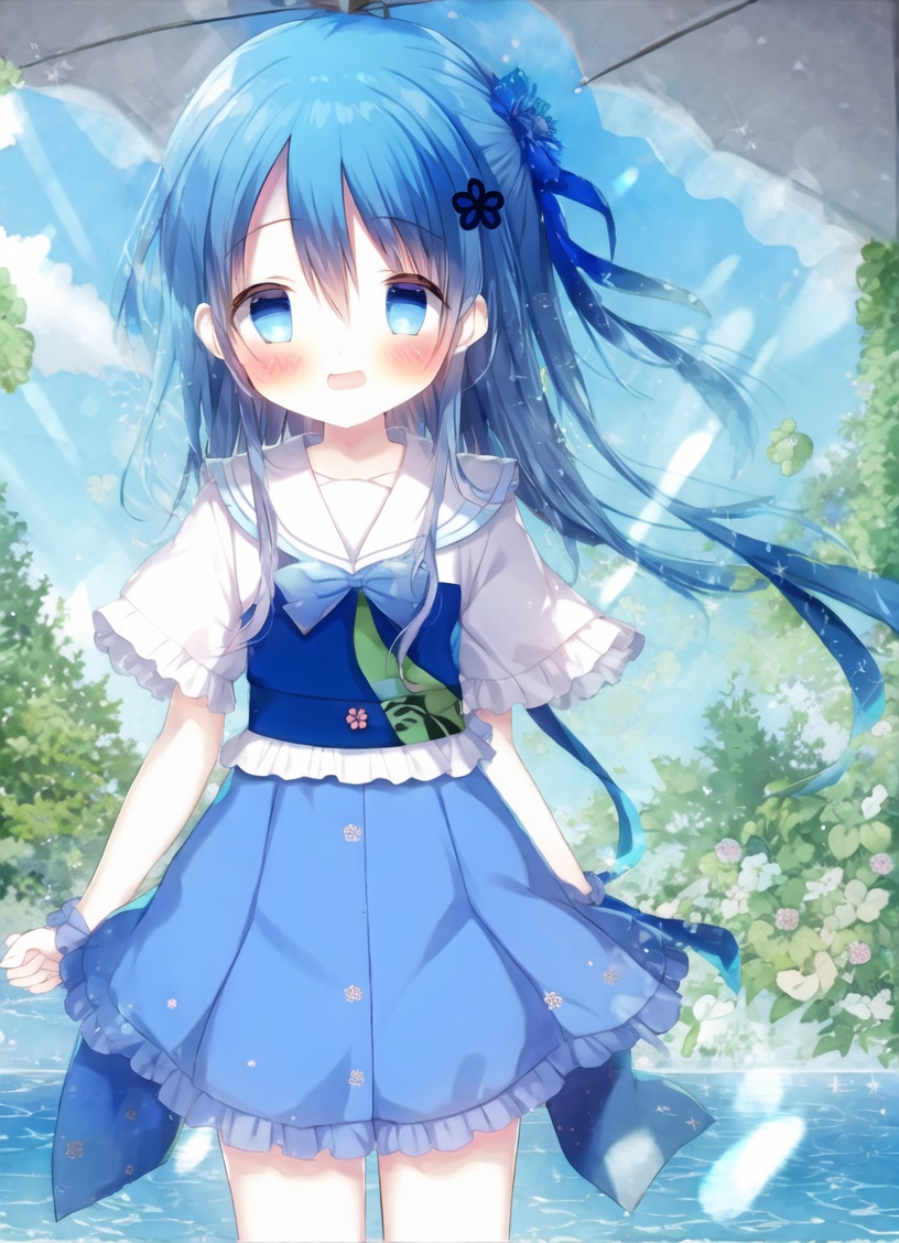 1girl,solo,blue hair,flower sea,bangs,standing,outdoors,